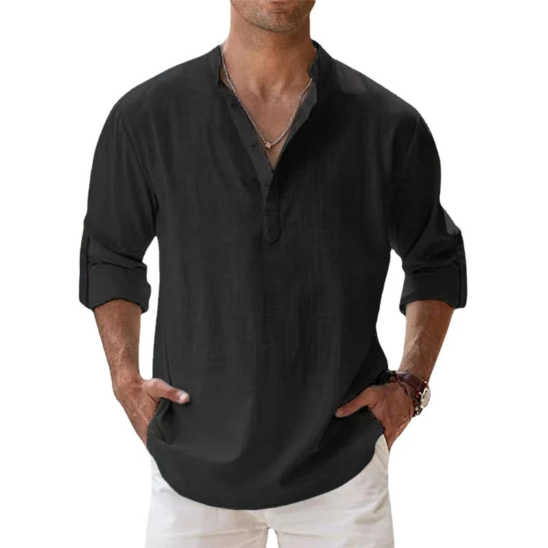 Herre Linned Henley Skjorte Afslappet Pasform Sommer Knaphalstop