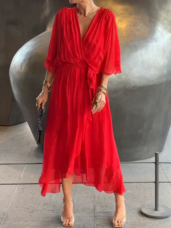 Vestido midi cruzado con cinturón y escote en V
