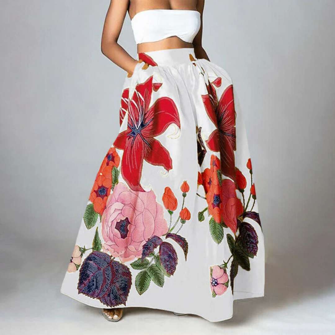 Saia maxi elegante de cintura alta com estampado floral para mulher