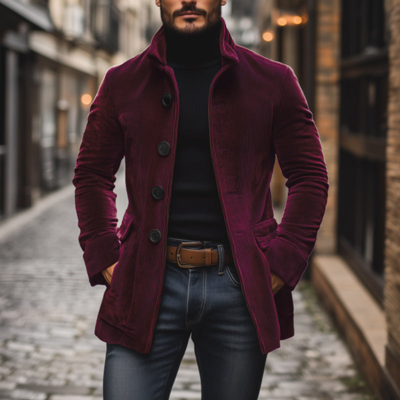 Férfi vintage bársony kabát | Álló gallér, egysoros gombolás és slim fit