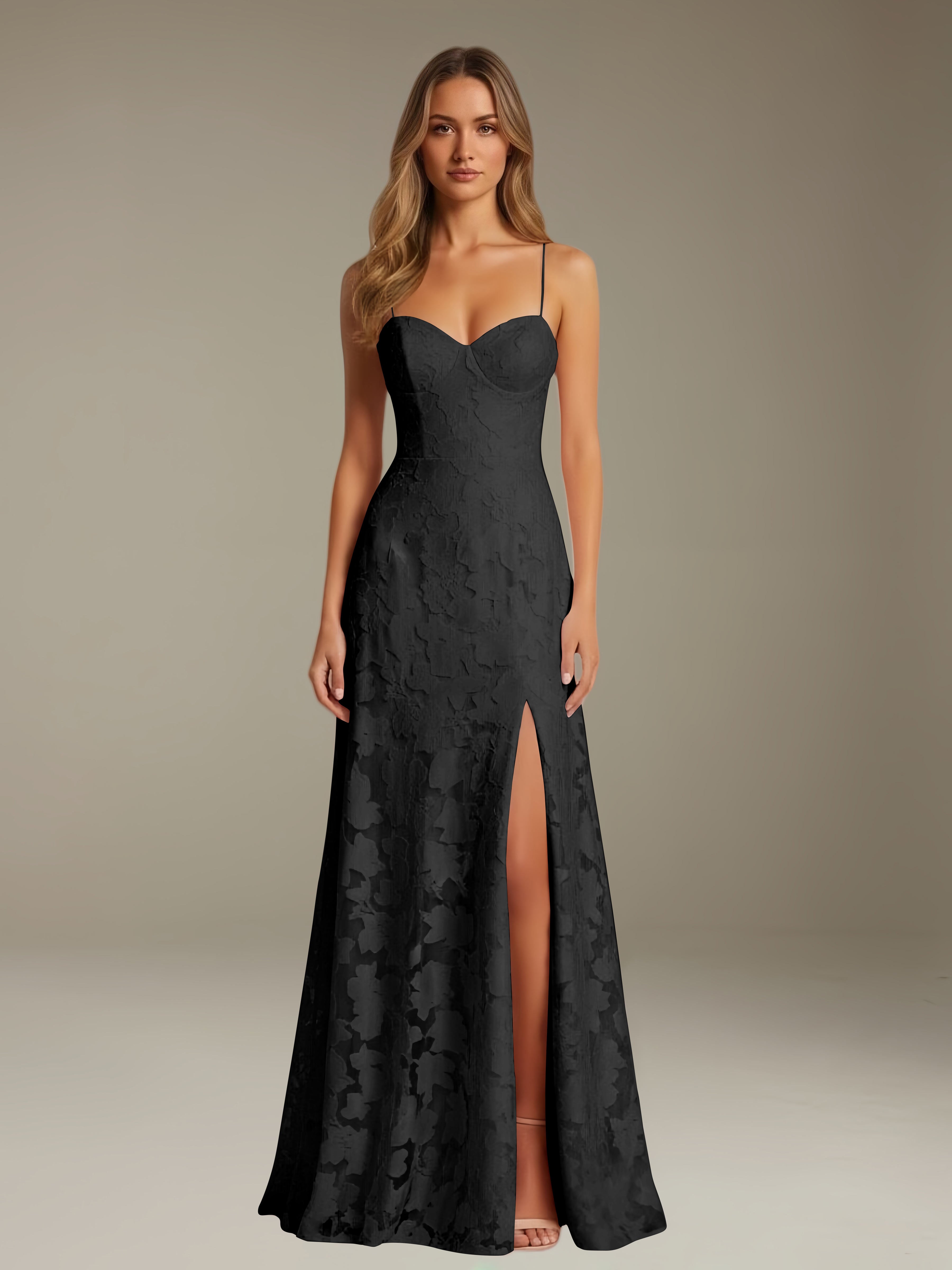 Formal Floral Lace Dress – Sweetheart Neckline, Thin Straps, A-Line, Floor Length with Slit