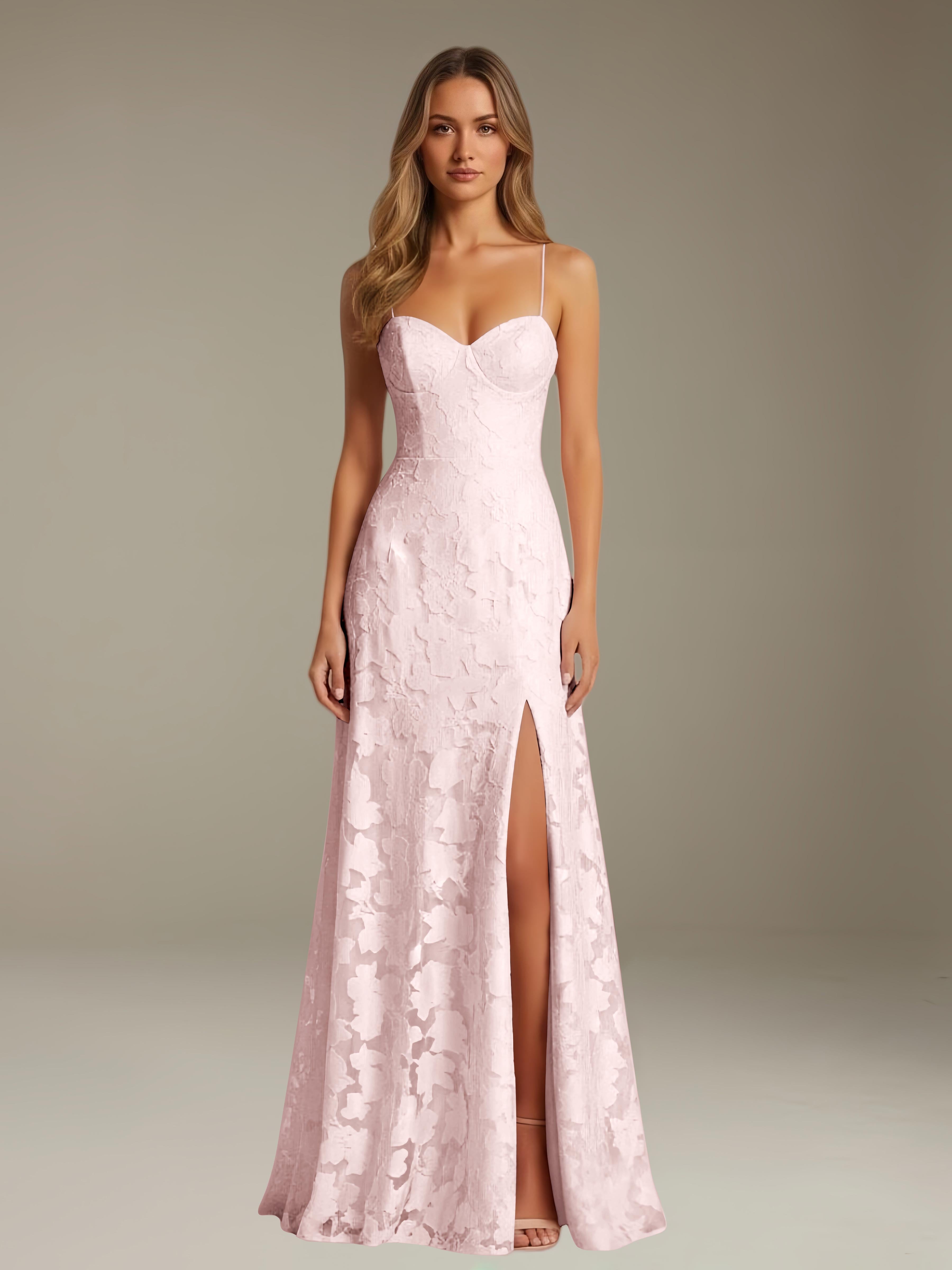 Formal Floral Lace Dress – Sweetheart Neckline, Thin Straps, A-Line, Floor Length with Slit