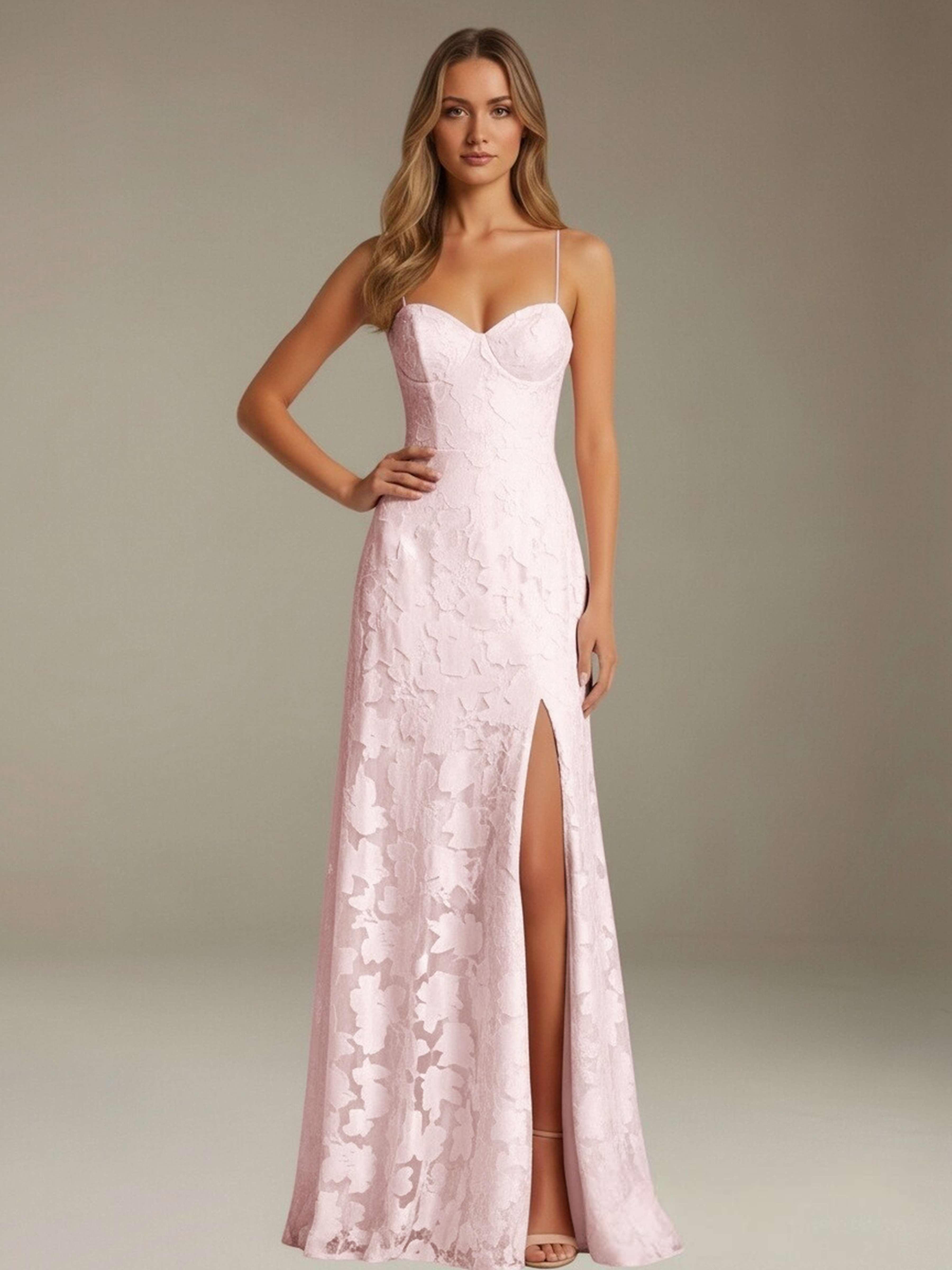 Formal Floral Lace Dress – Sweetheart Neckline, Thin Straps, A-Line, Floor Length with Slit