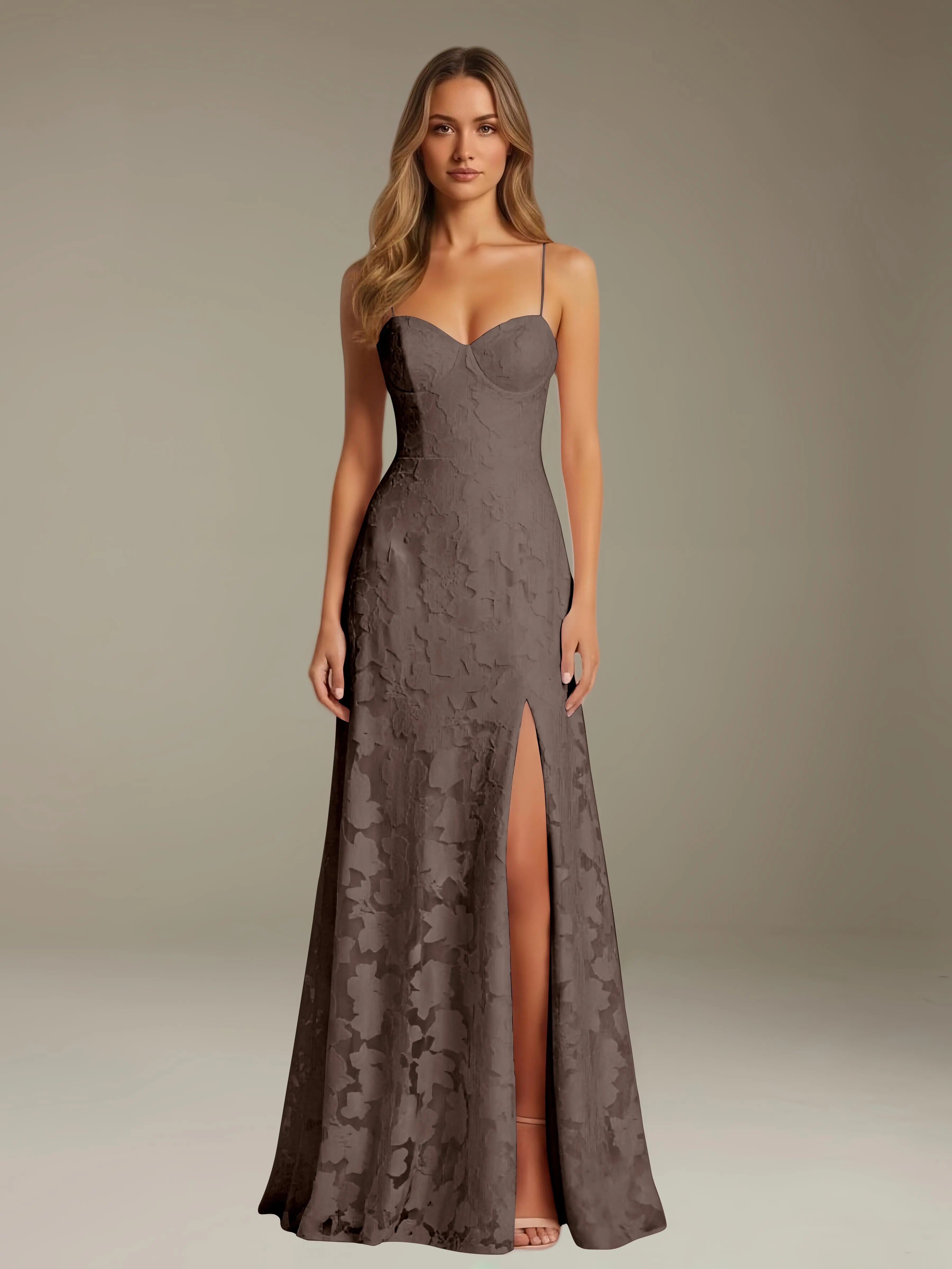 Vestido de encaje floral para ocasiones formales – Vestido de línea A con tirantes de espagueti y escote corazón, largo hasta el suelo, con abertura