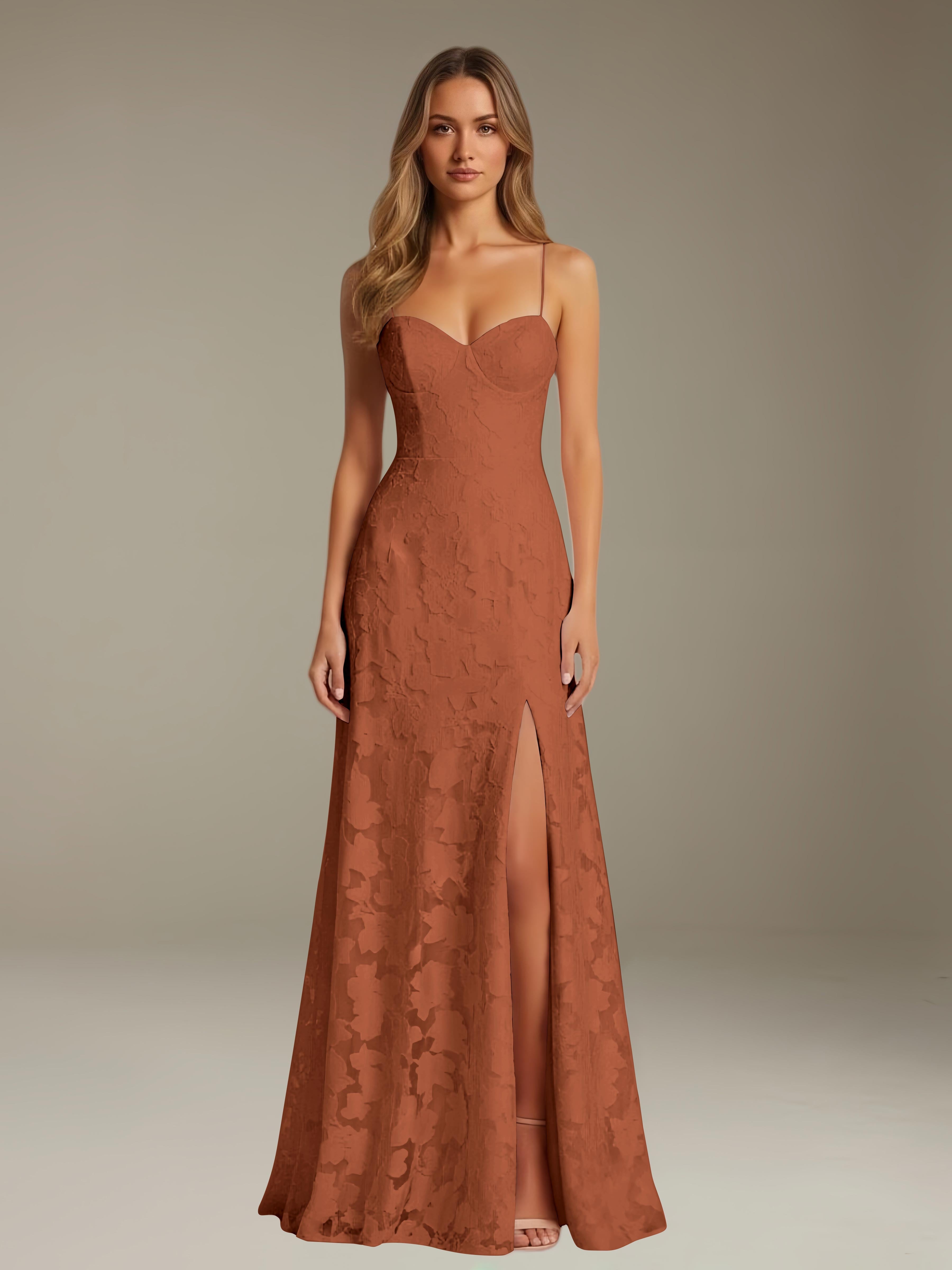 Formal Floral Lace Dress – Sweetheart Neckline, Thin Straps, A-Line, Floor Length with Slit