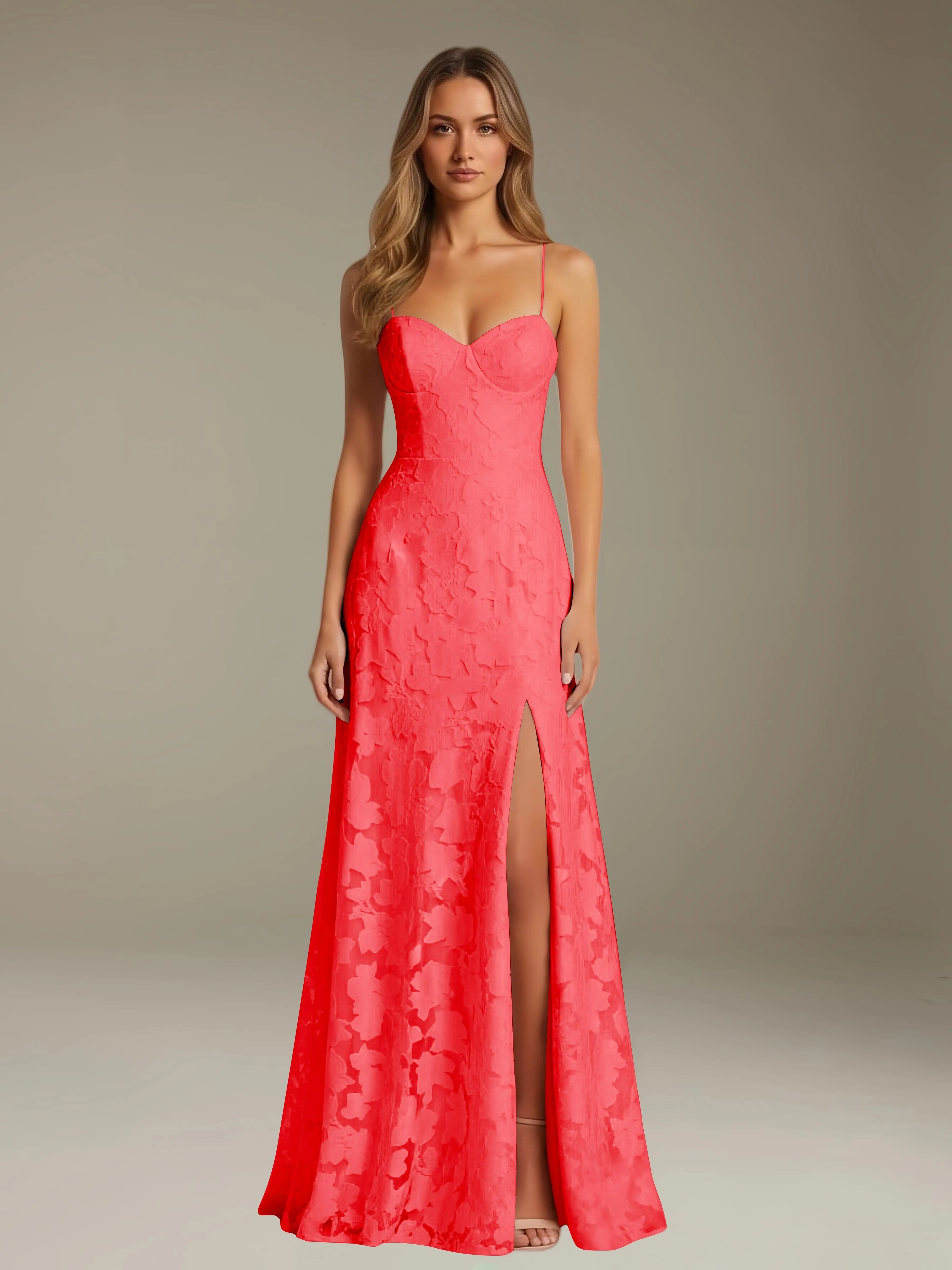 Vestido de encaje floral para ocasiones formales – Vestido de línea A con tirantes de espagueti y escote corazón, largo hasta el suelo, con abertura