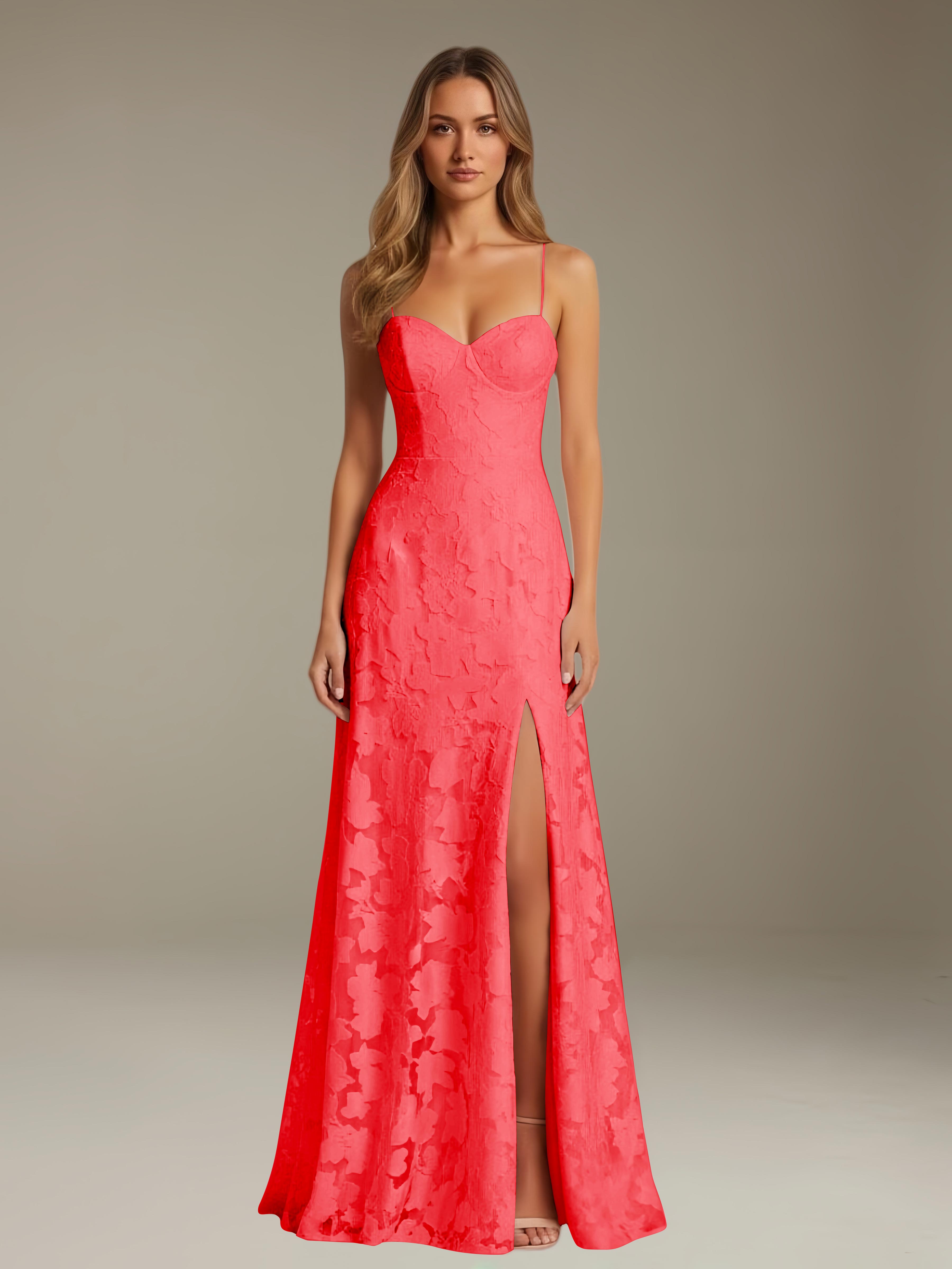 Formal Floral Lace Dress – Sweetheart Neckline, Thin Straps, A-Line, Floor Length with Slit