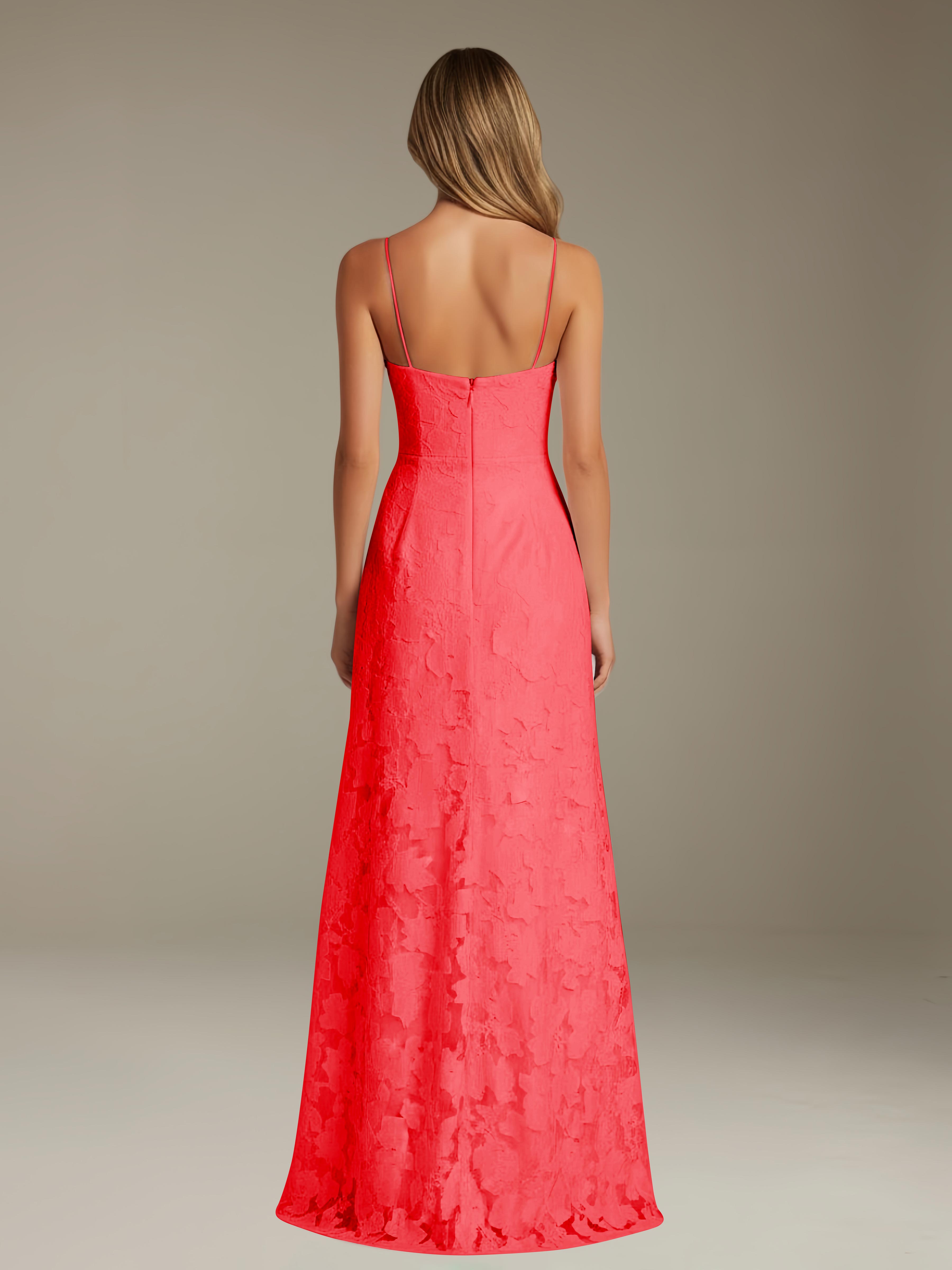 Formal Floral Lace Dress – Sweetheart Neckline, Thin Straps, A-Line, Floor Length with Slit