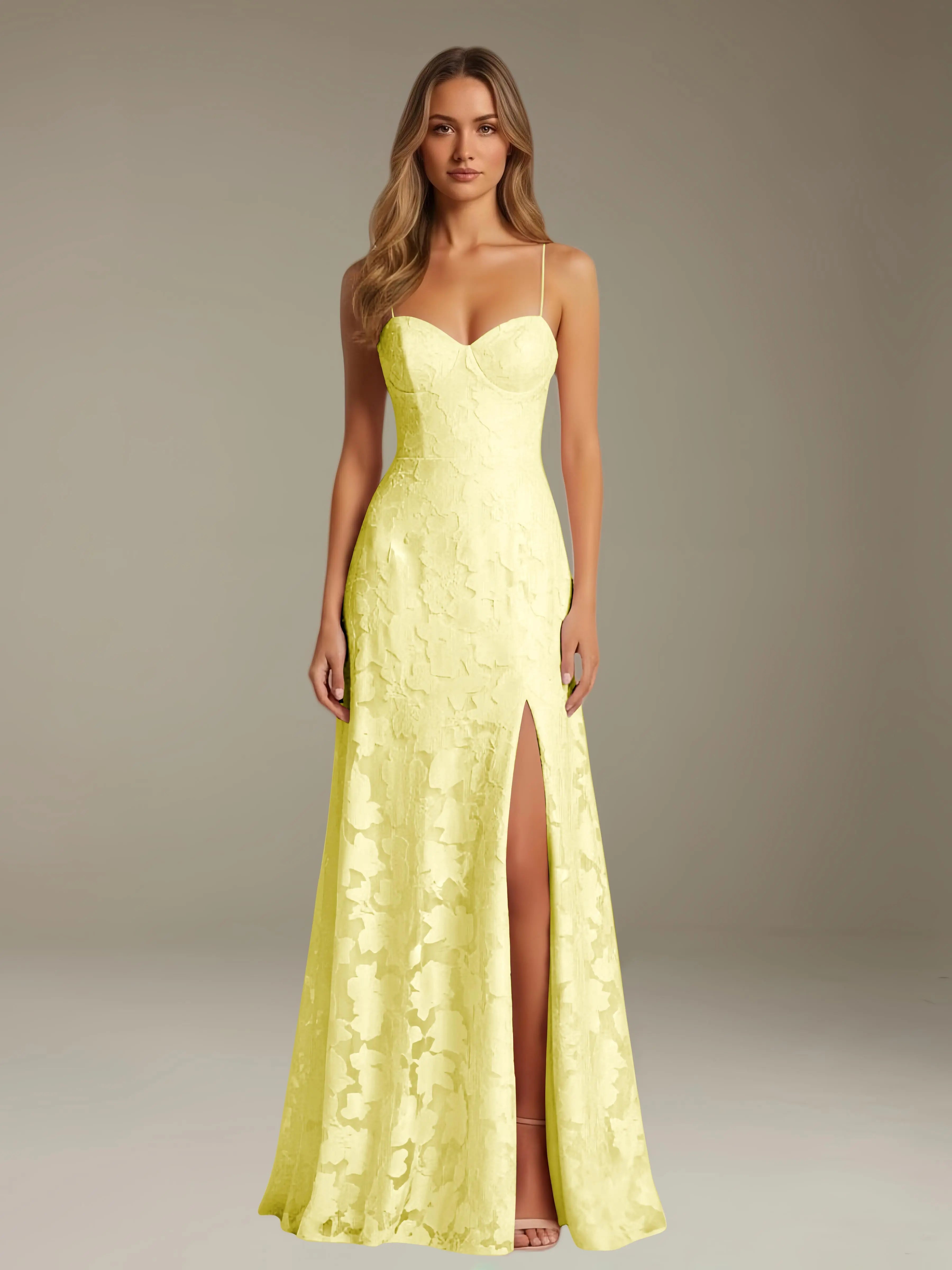 Vestido de encaje floral para ocasiones formales – Vestido de línea A con tirantes de espagueti y escote corazón, largo hasta el suelo, con abertura