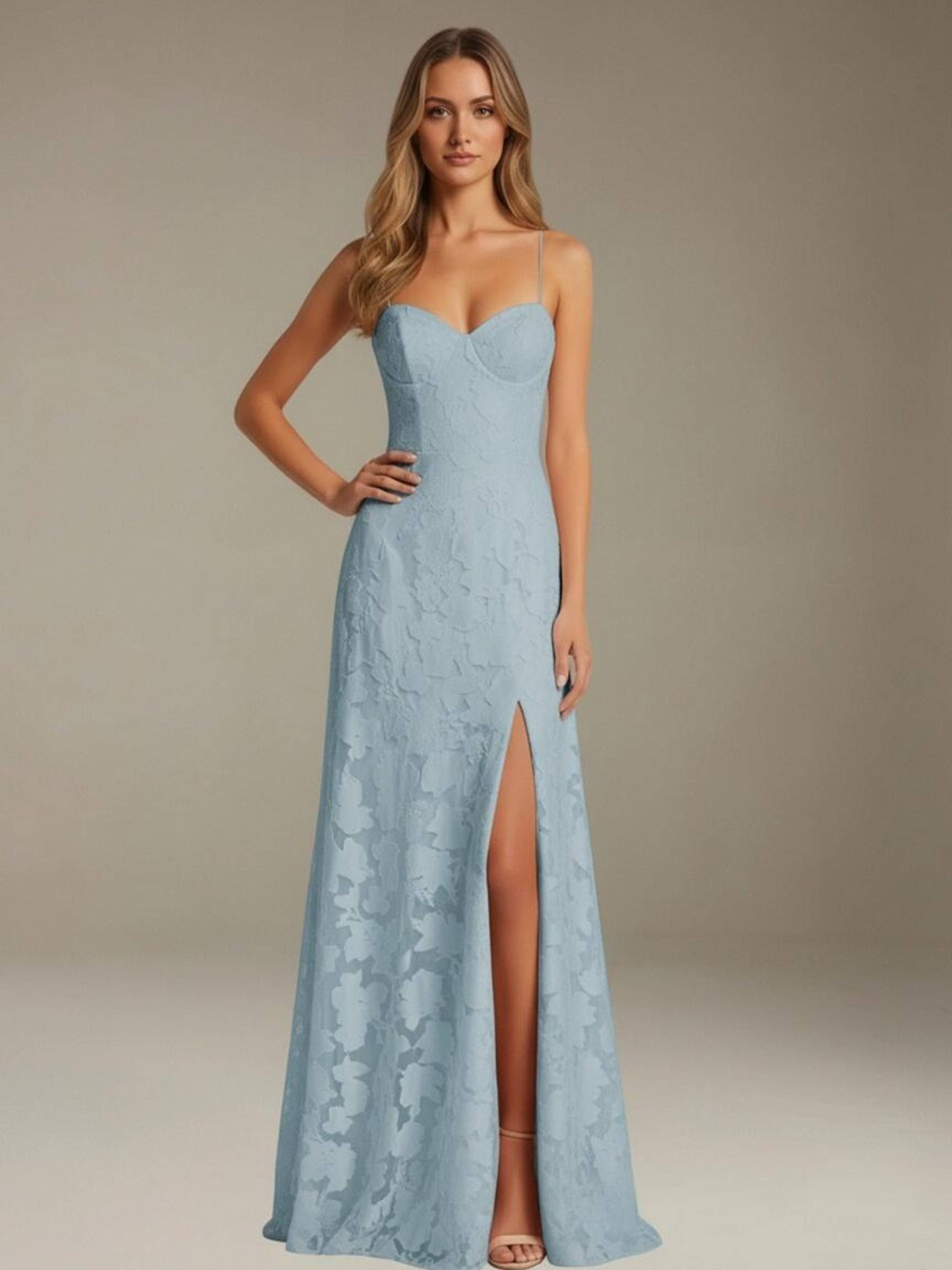 Formal Floral Lace Dress – Sweetheart Neckline, Thin Straps, A-Line, Floor Length with Slit