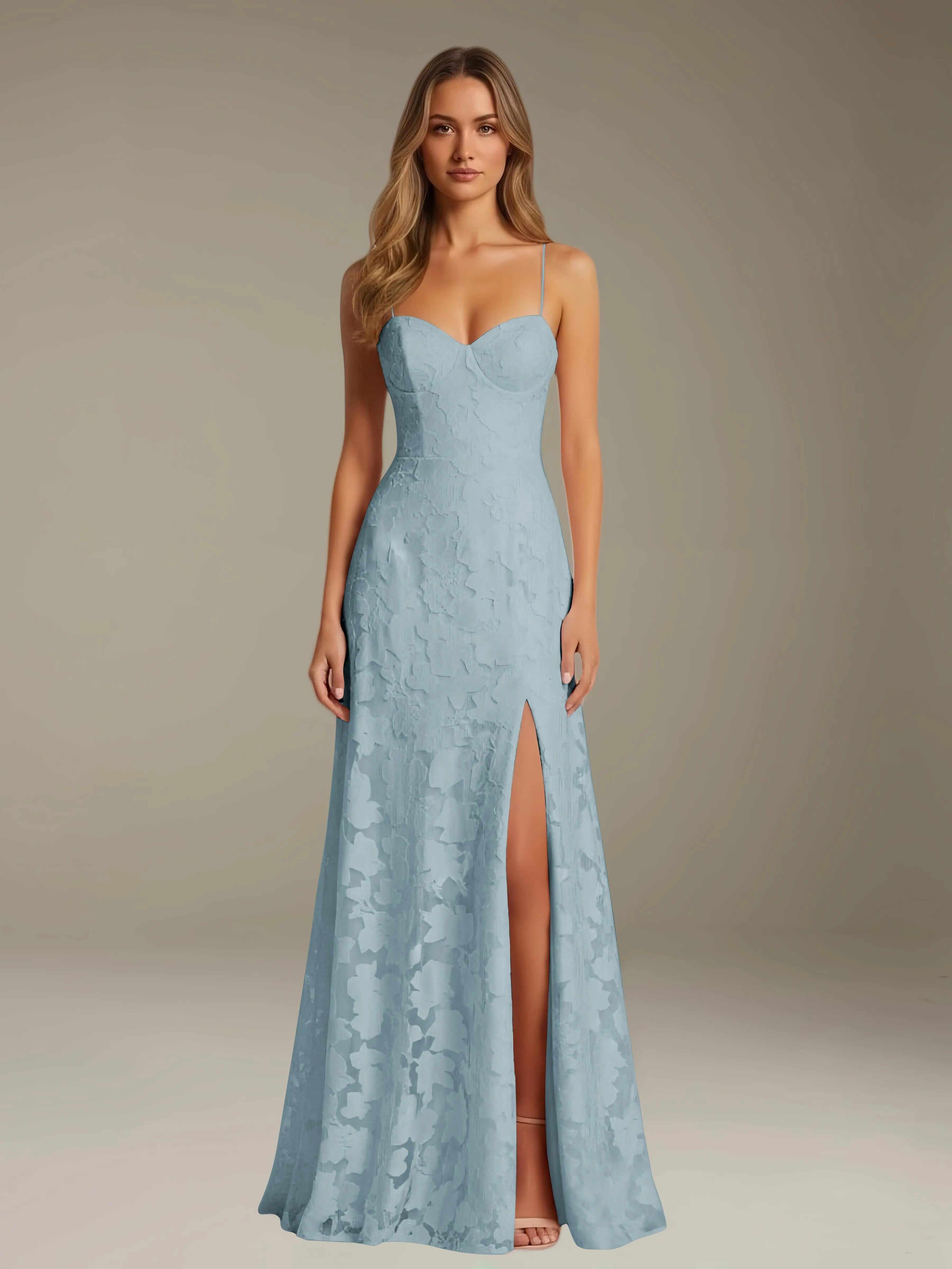Vestido de encaje floral para ocasiones formales – Vestido de línea A con tirantes de espagueti y escote corazón, largo hasta el suelo, con abertura