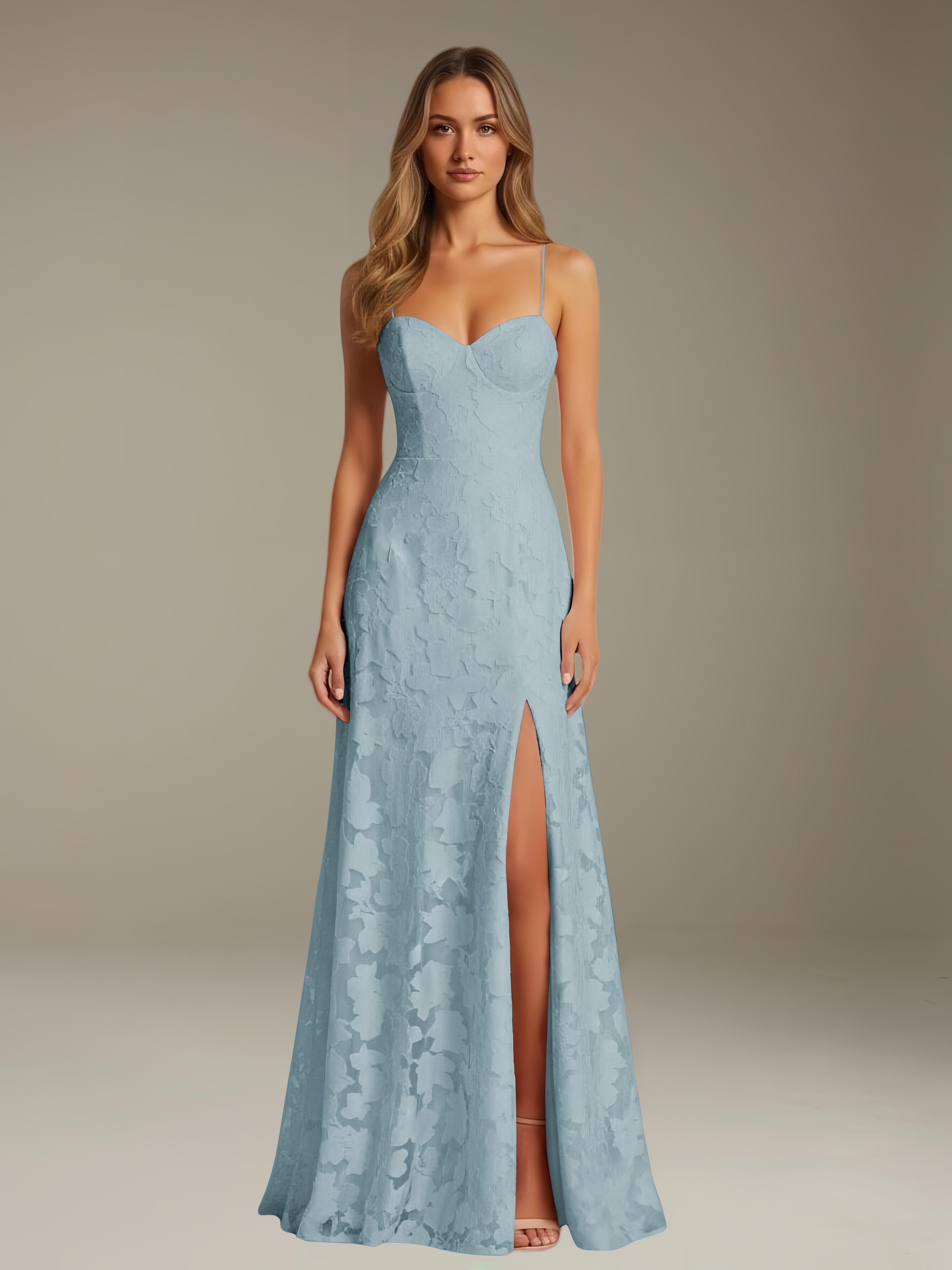 Formal Floral Lace Dress – Sweetheart Neckline, Thin Straps, A-Line, Floor Length with Slit