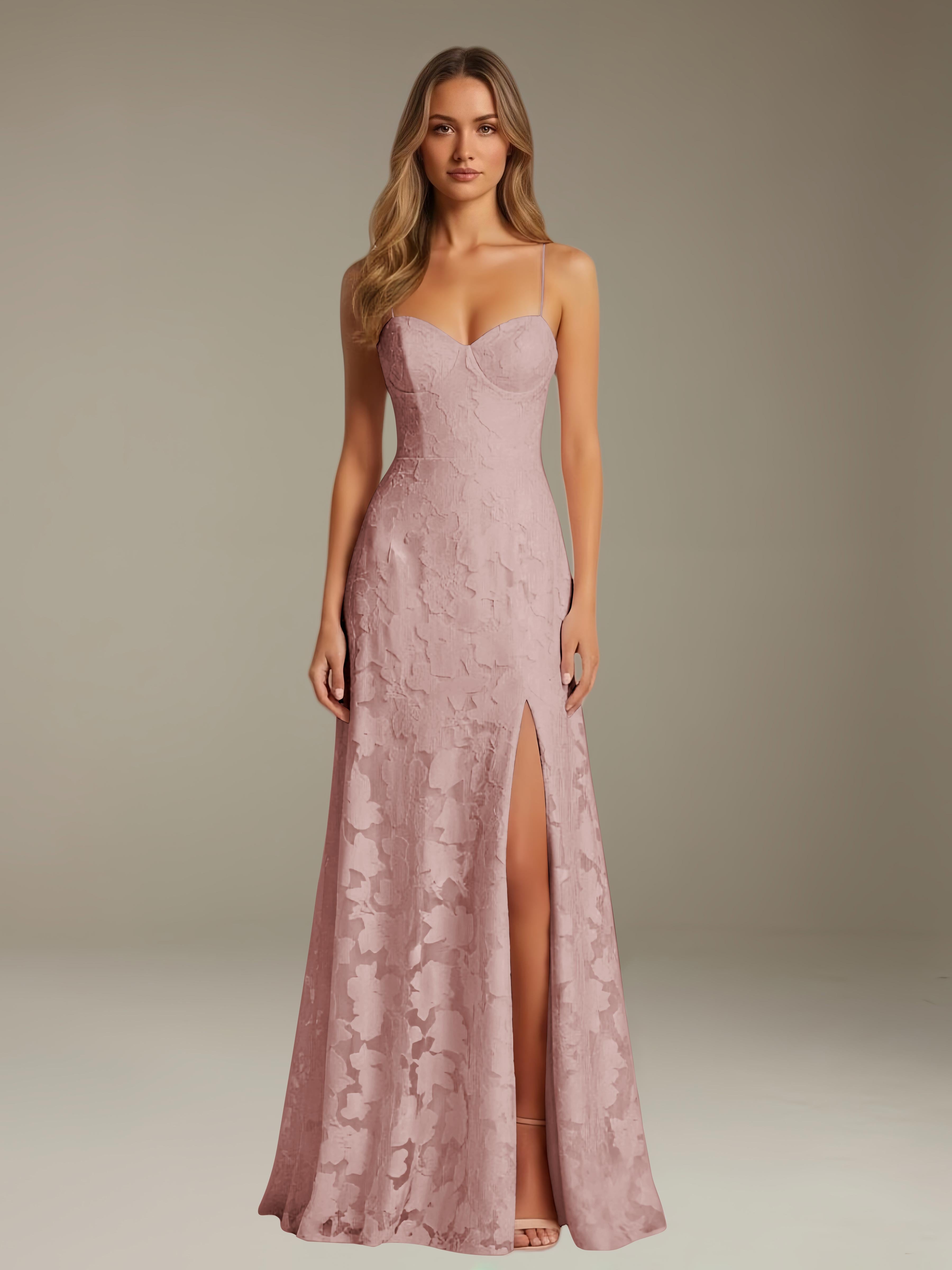 Formal Floral Lace Dress – Sweetheart Neckline, Thin Straps, A-Line, Floor Length with Slit