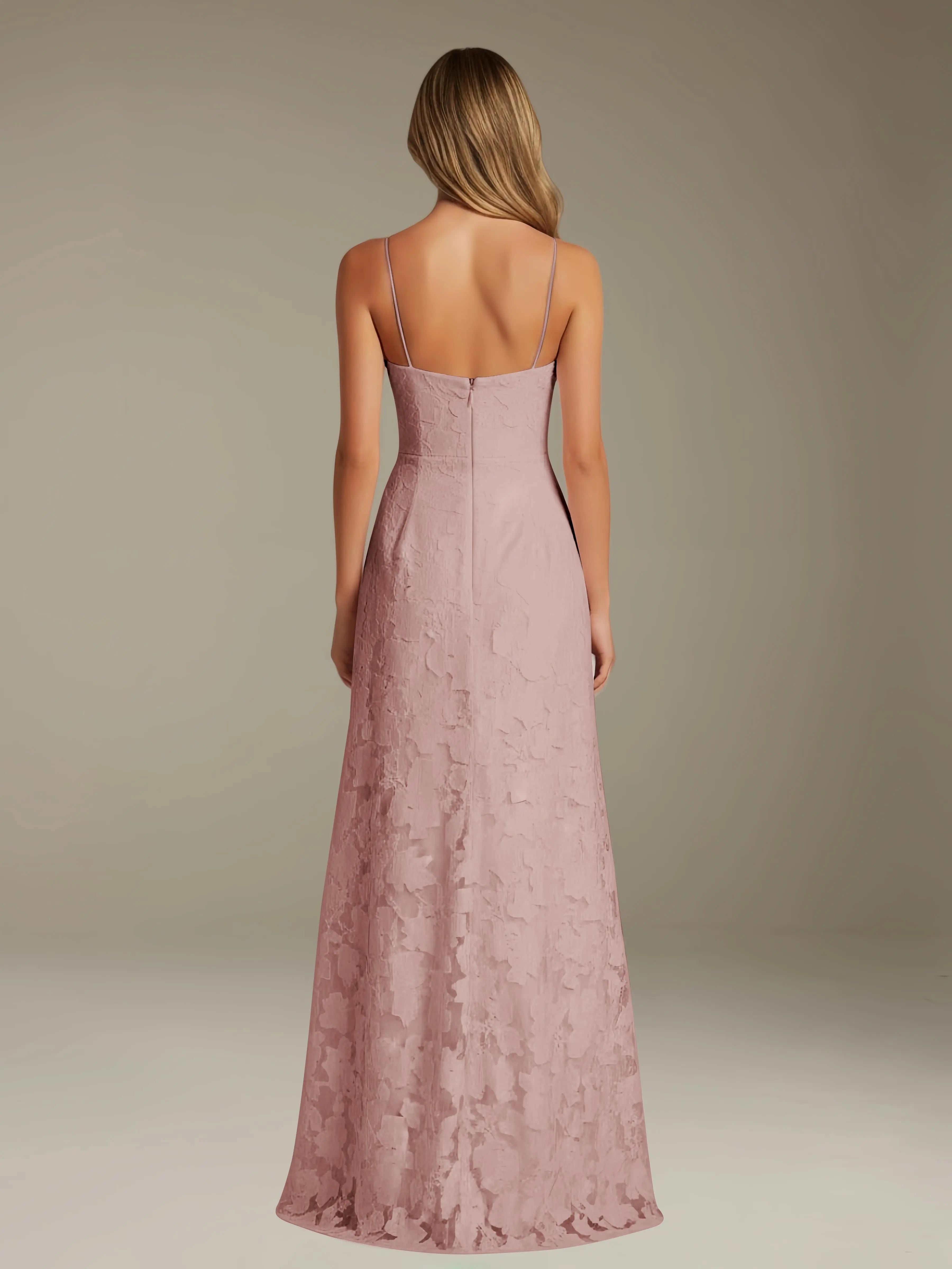 Vestido de encaje floral para ocasiones formales – Vestido de línea A con tirantes de espagueti y escote corazón, largo hasta el suelo, con abertura