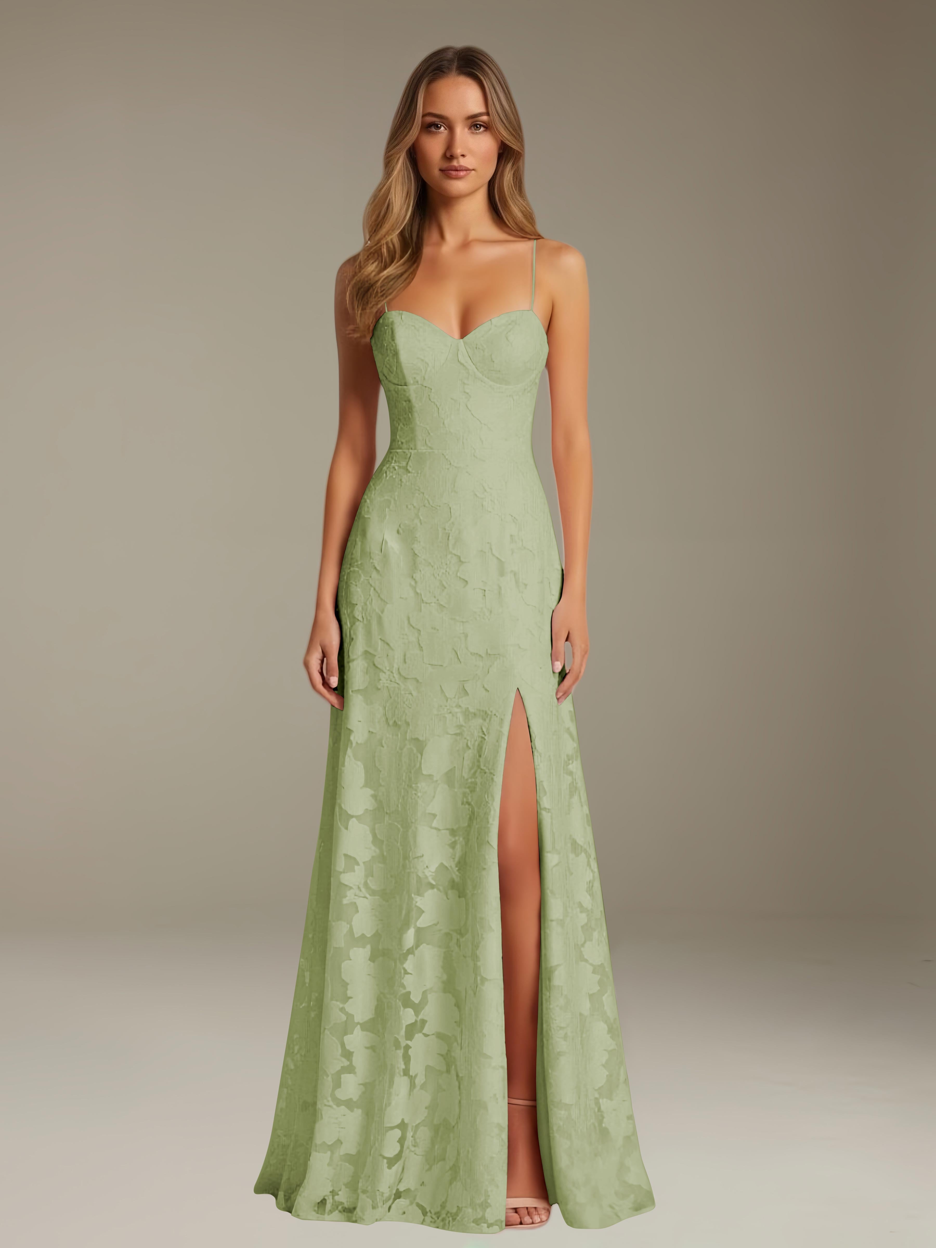 Formal Floral Lace Dress – Sweetheart Neckline, Thin Straps, A-Line, Floor Length with Slit