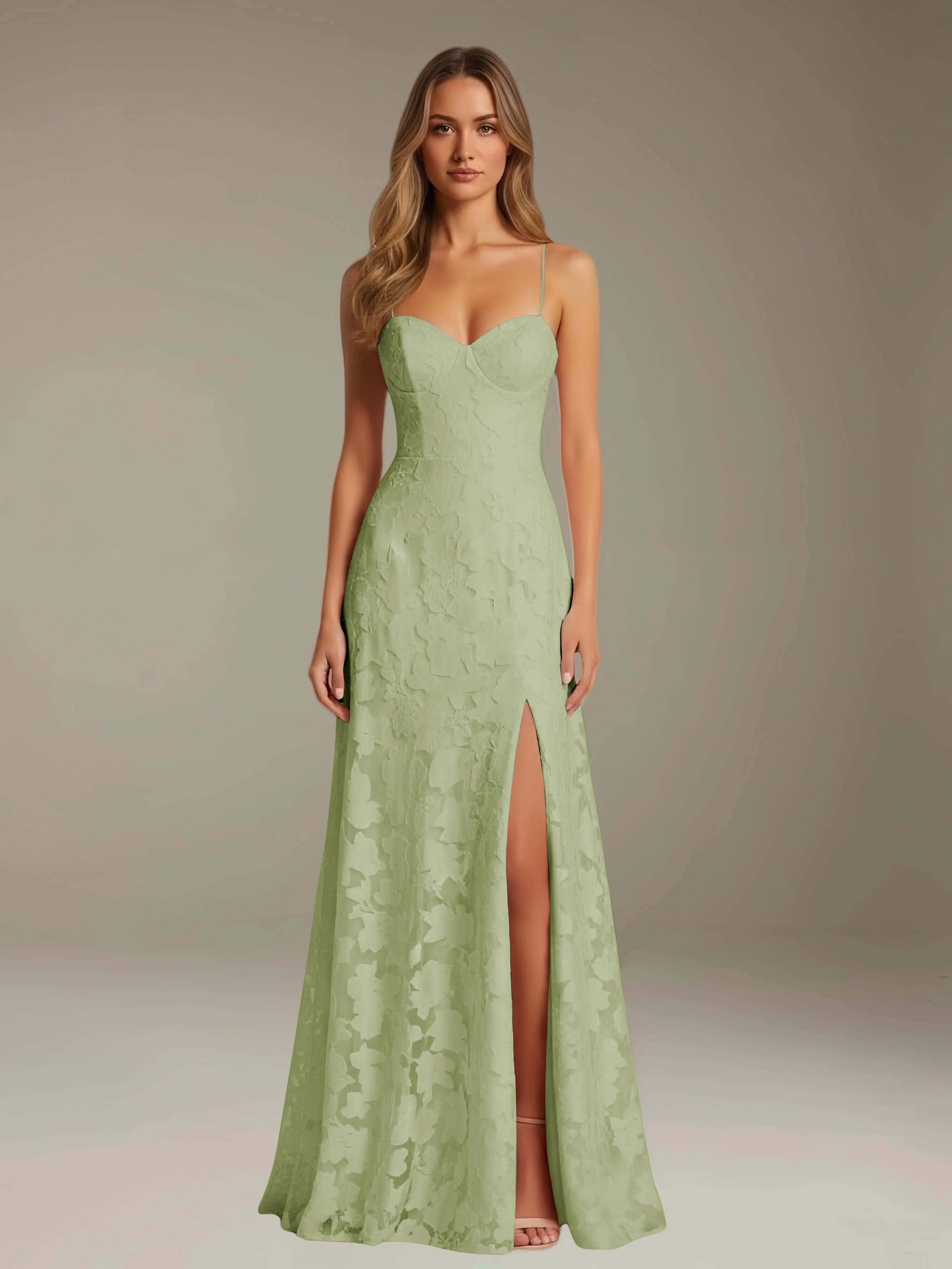 Vestido de encaje floral para ocasiones formales – Vestido de línea A con tirantes de espagueti y escote corazón, largo hasta el suelo, con abertura