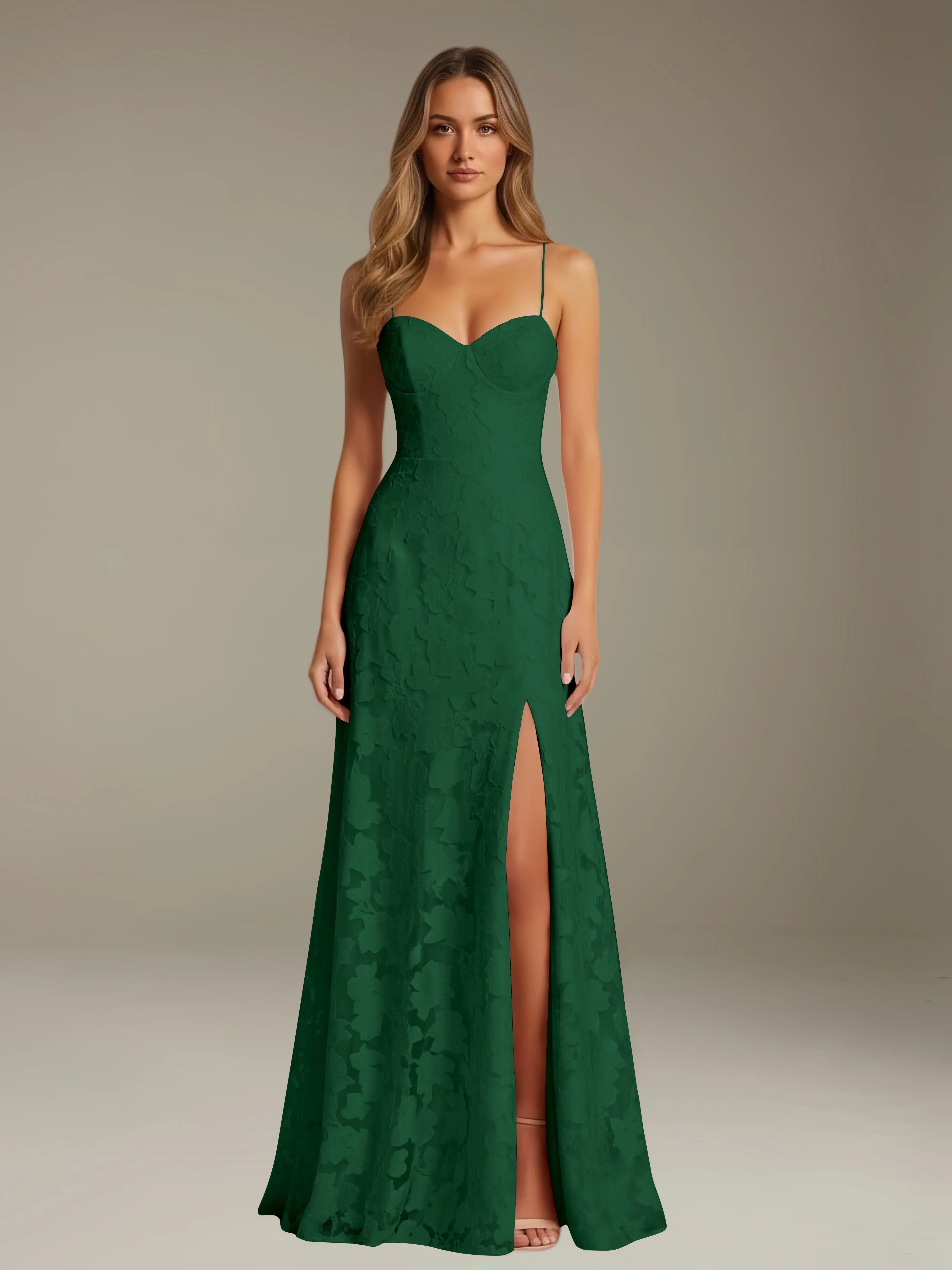 Vestido de encaje floral para ocasiones formales – Vestido de línea A con tirantes de espagueti y escote corazón, largo hasta el suelo, con abertura