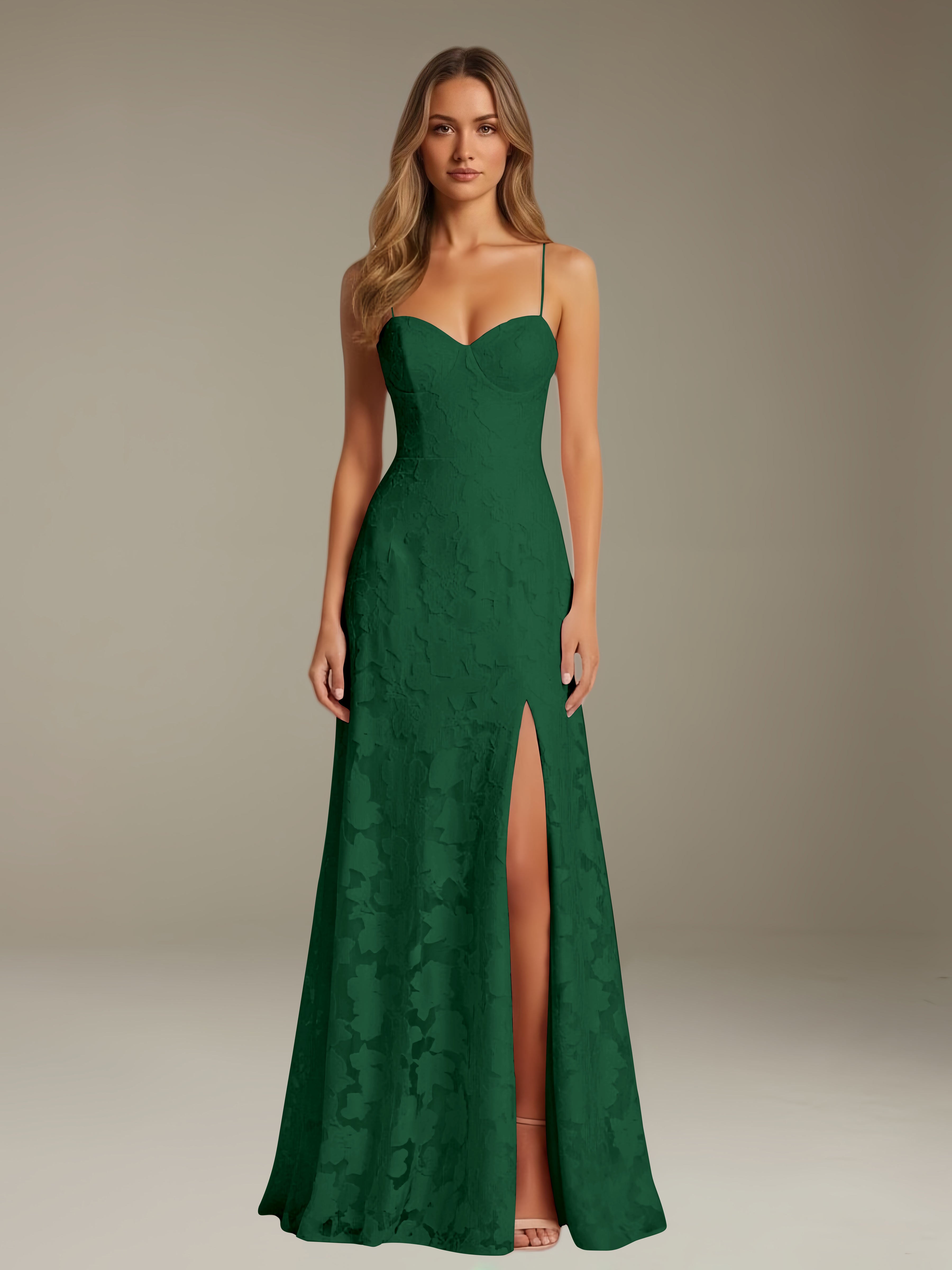 Formal Floral Lace Dress – Sweetheart Neckline, Thin Straps, A-Line, Floor Length with Slit