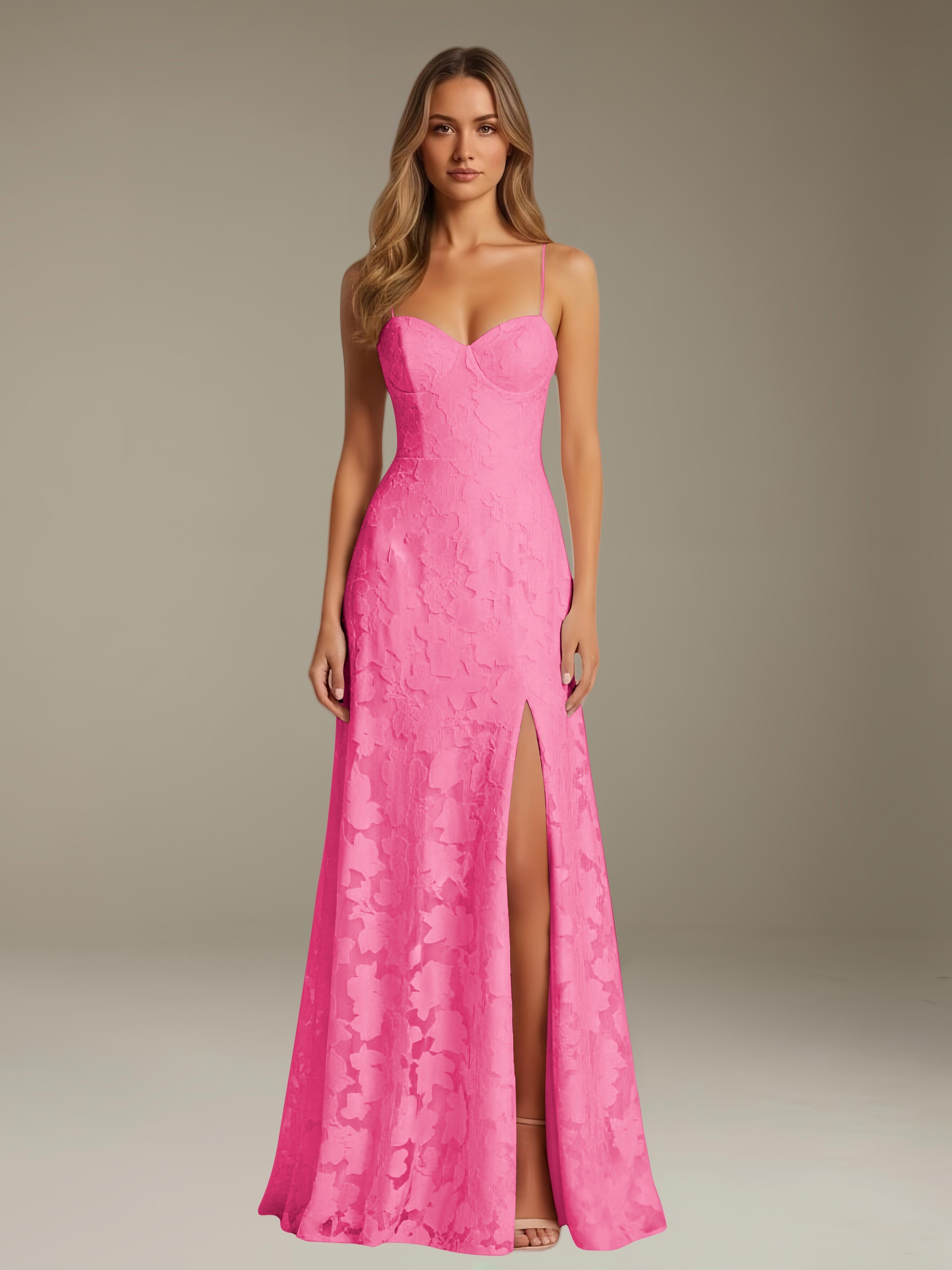 Formal Floral Lace Dress – Sweetheart Neckline, Thin Straps, A-Line, Floor Length with Slit