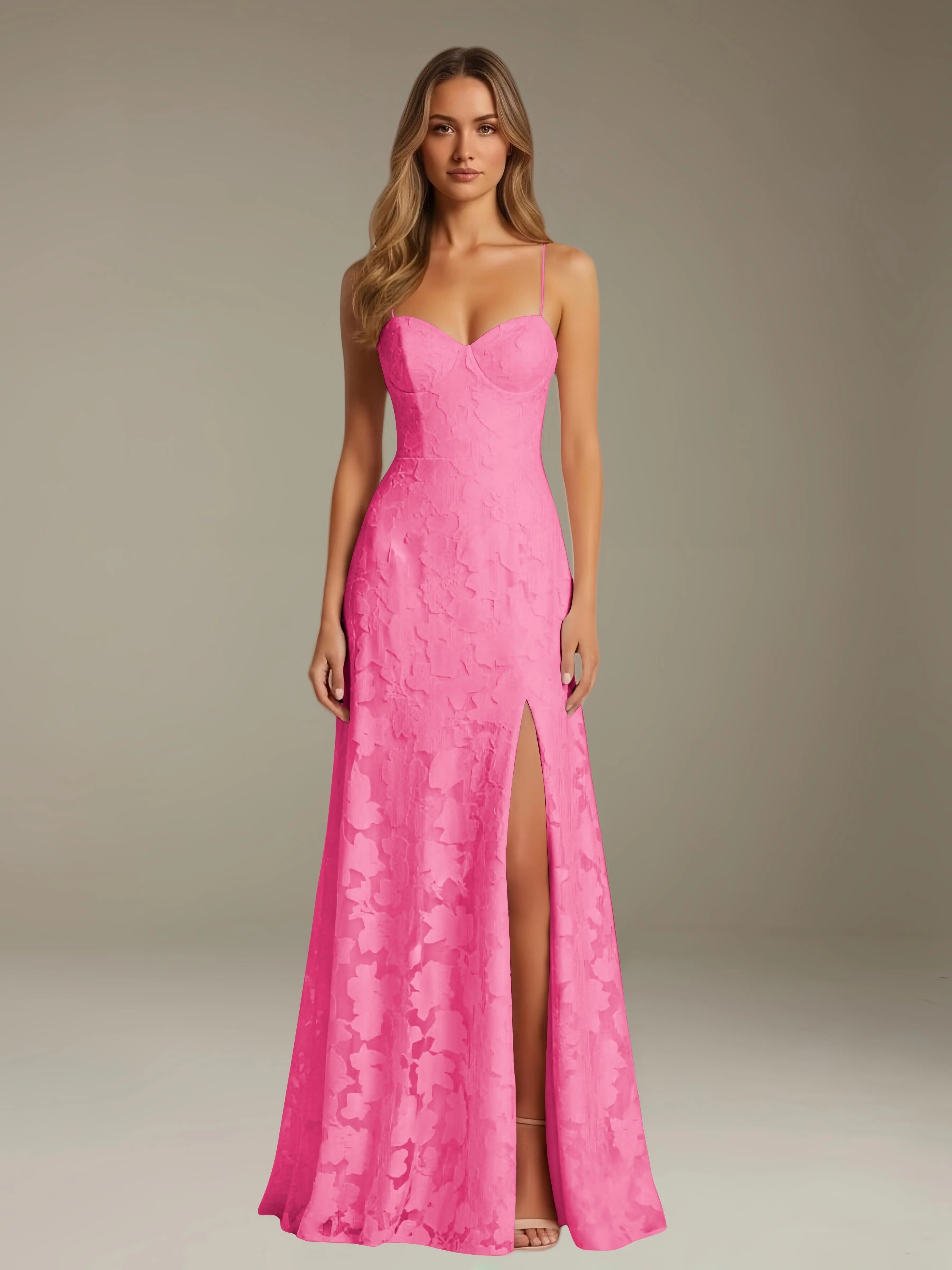 Vestido de encaje floral para ocasiones formales – Vestido de línea A con tirantes de espagueti y escote corazón, largo hasta el suelo, con abertura