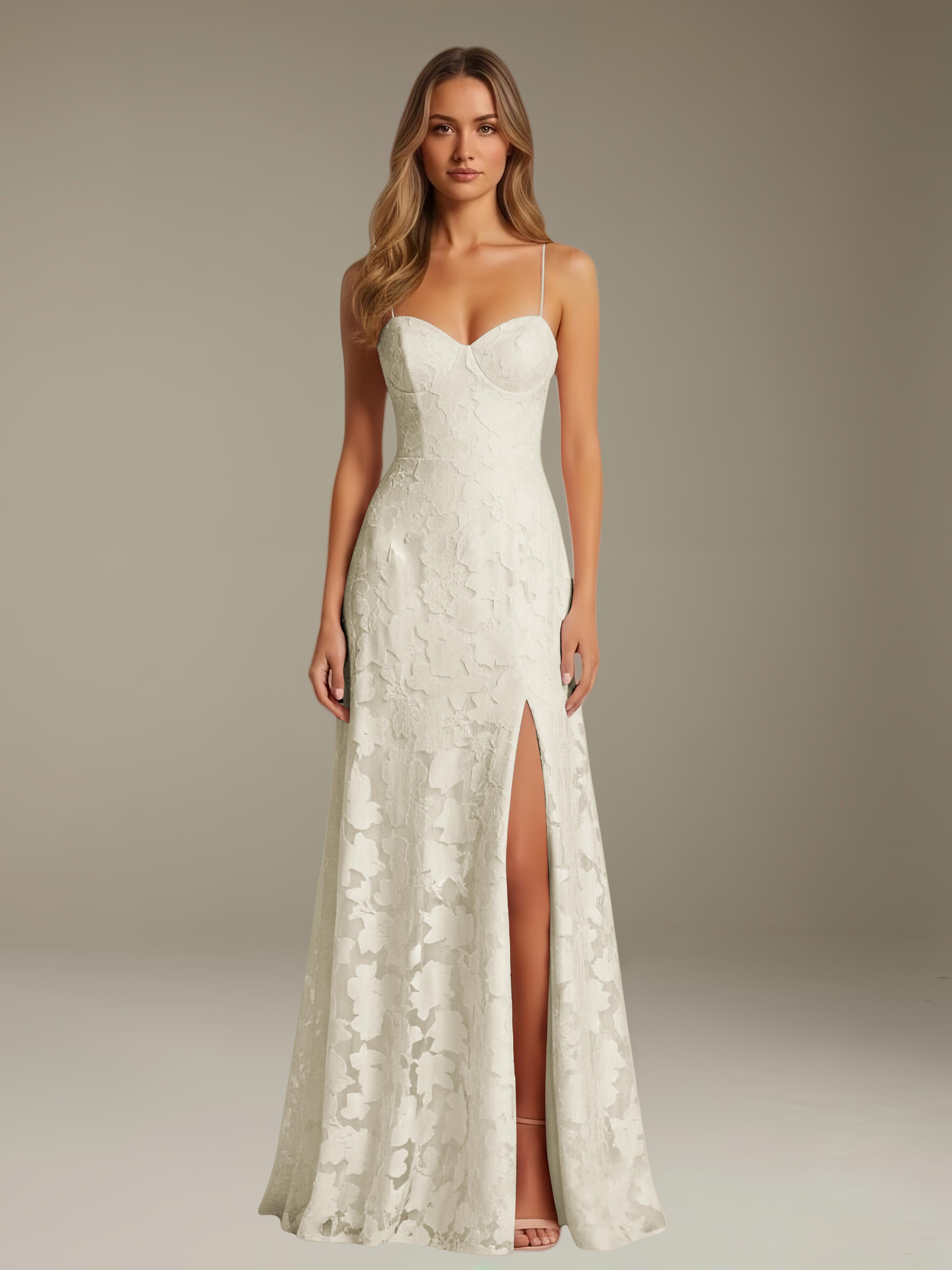 Formal Floral Lace Dress – Sweetheart Neckline, Thin Straps, A-Line, Floor Length with Slit
