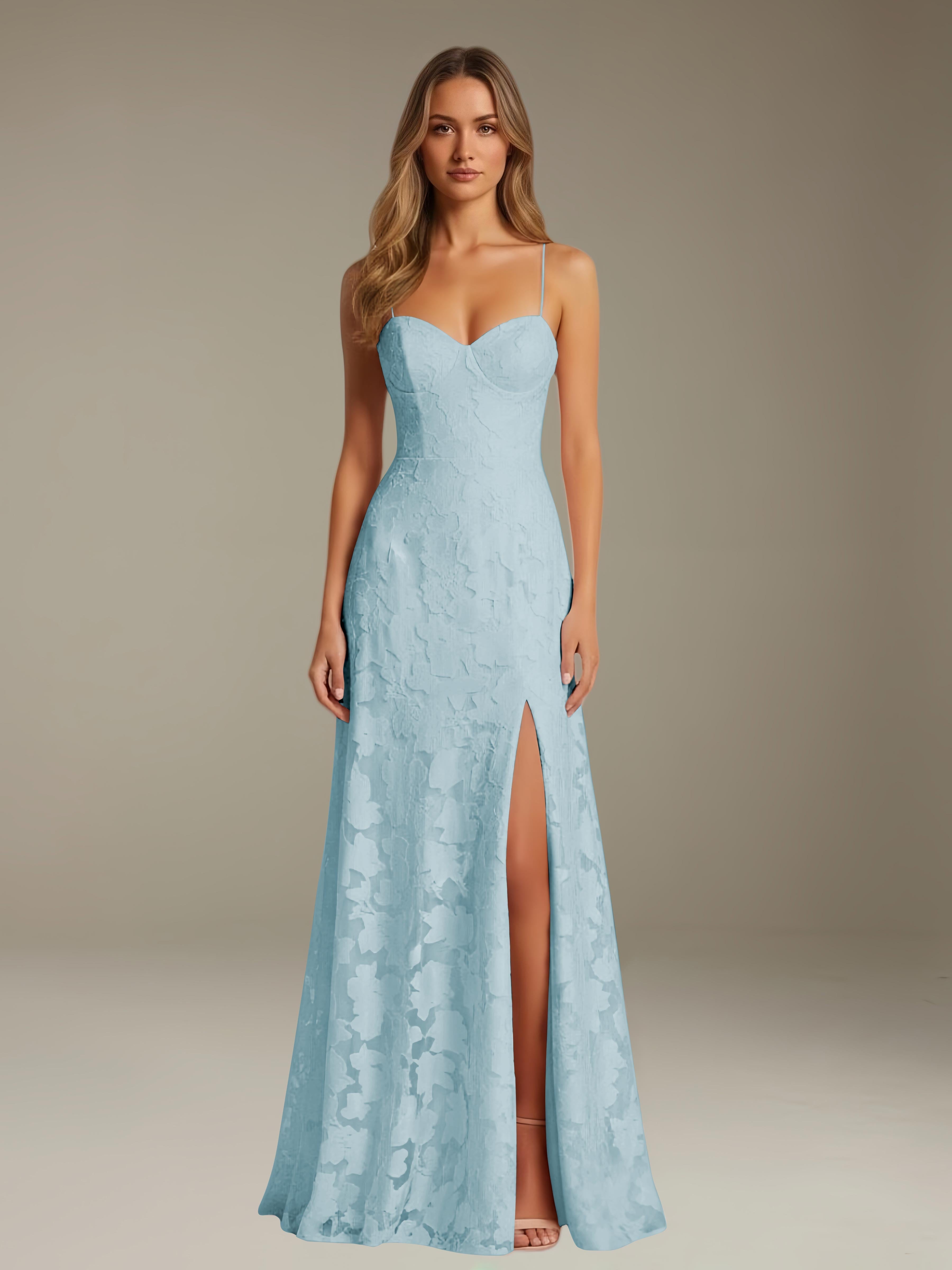 Formal Floral Lace Dress – Sweetheart Neckline, Thin Straps, A-Line, Floor Length with Slit