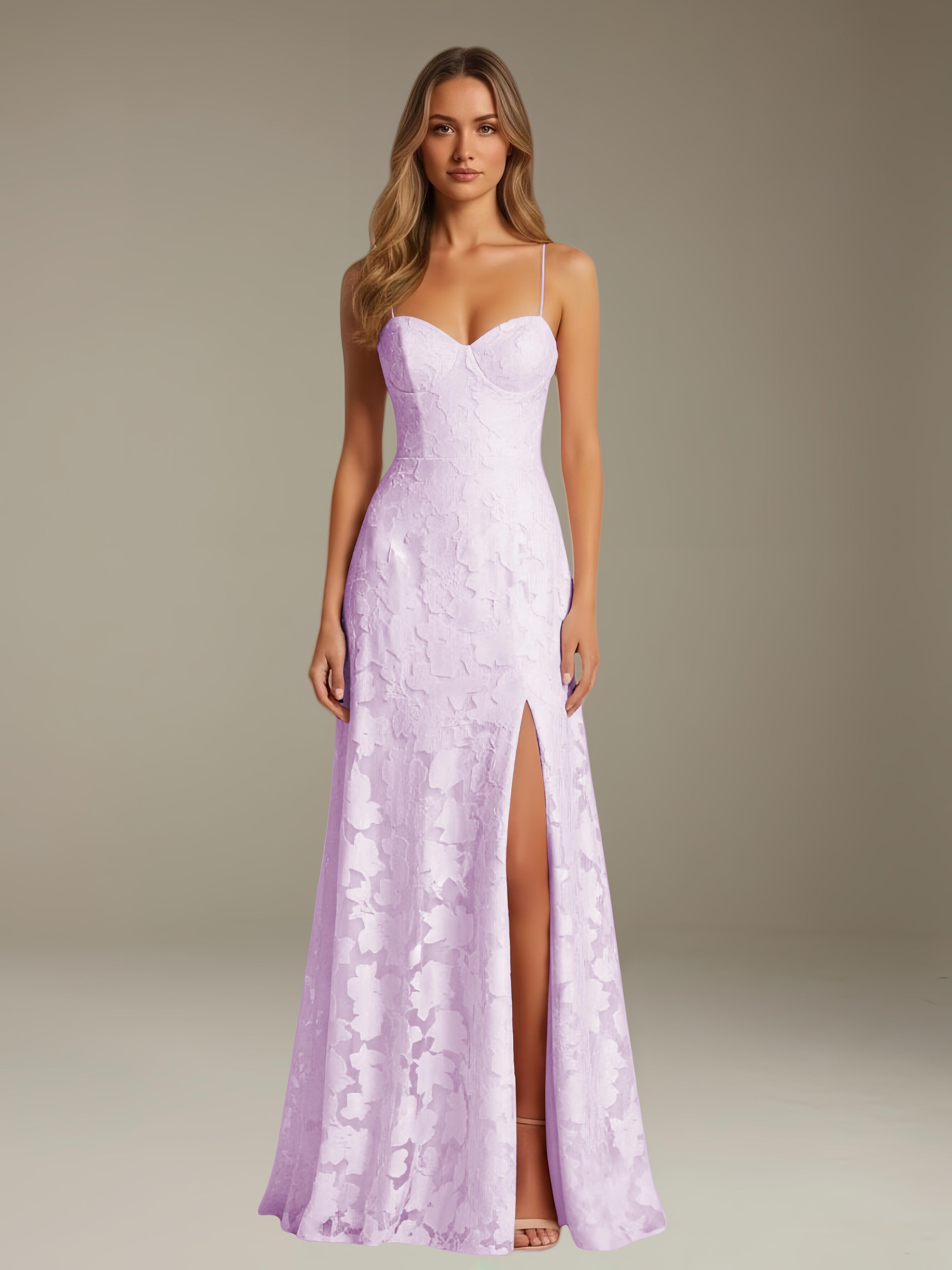 Formal Floral Lace Dress – Sweetheart Neckline, Thin Straps, A-Line, Floor Length with Slit