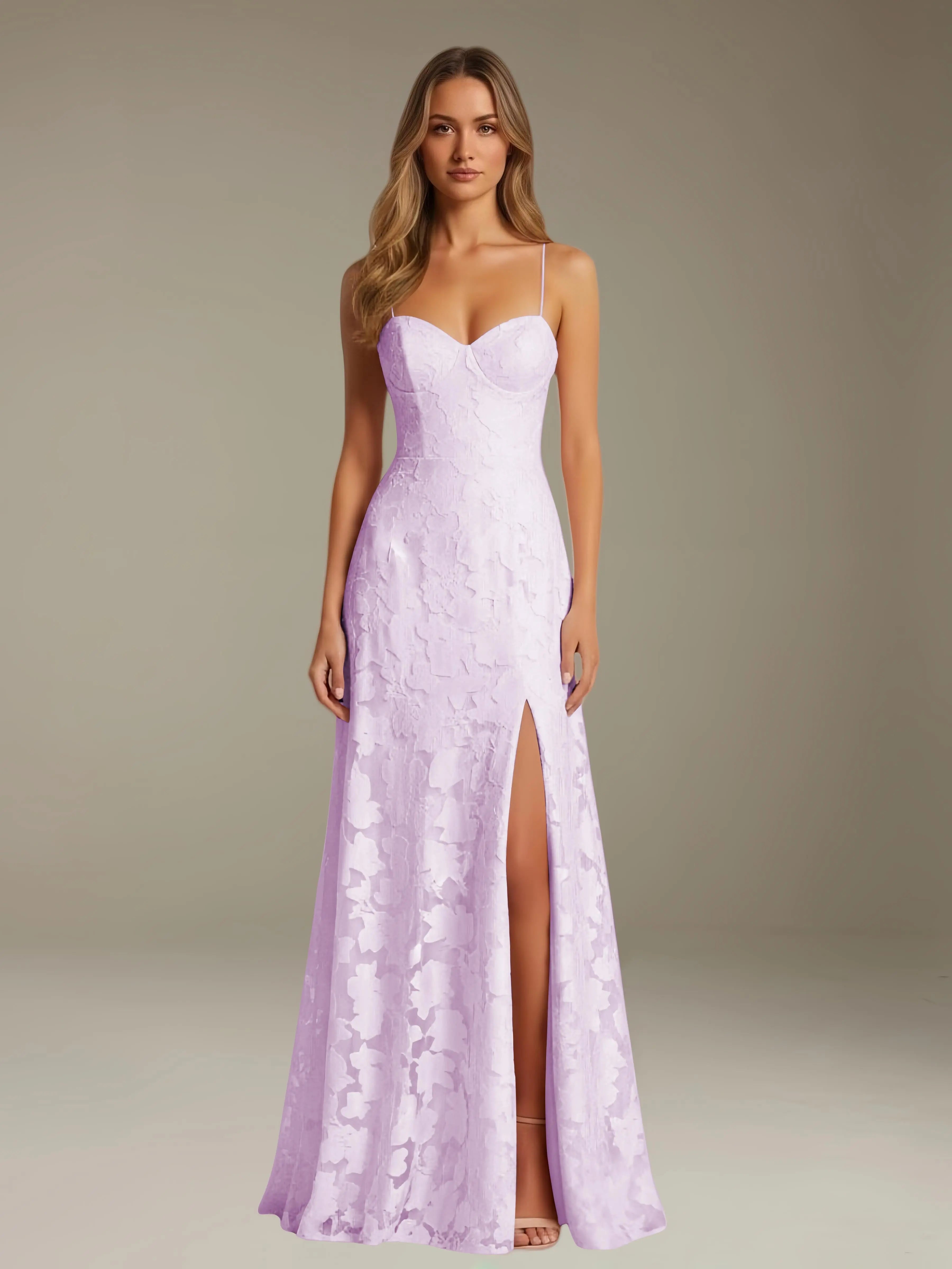 Vestido de encaje floral para ocasiones formales – Vestido de línea A con tirantes de espagueti y escote corazón, largo hasta el suelo, con abertura