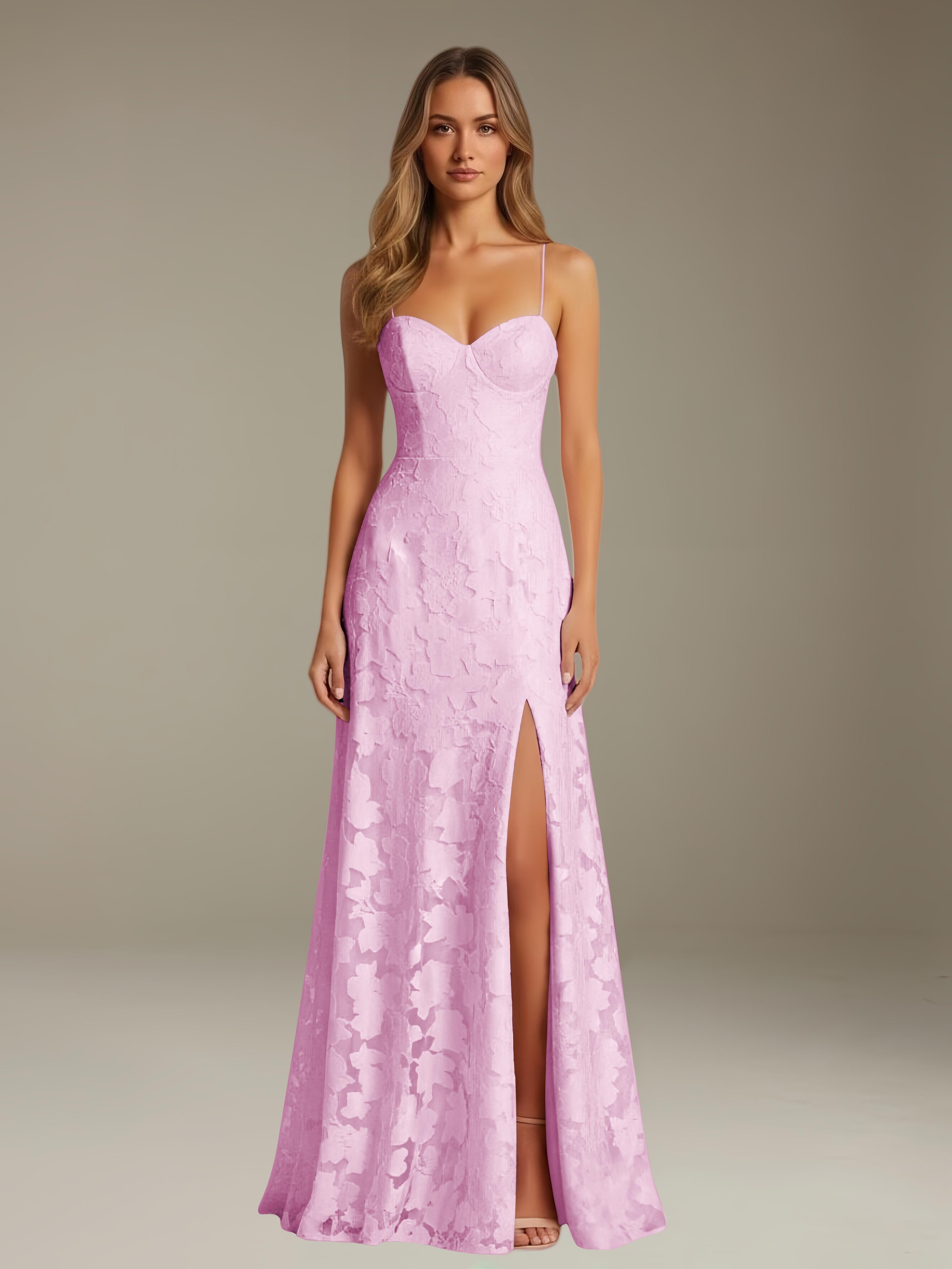 Formal Floral Lace Dress – Sweetheart Neckline, Thin Straps, A-Line, Floor Length with Slit