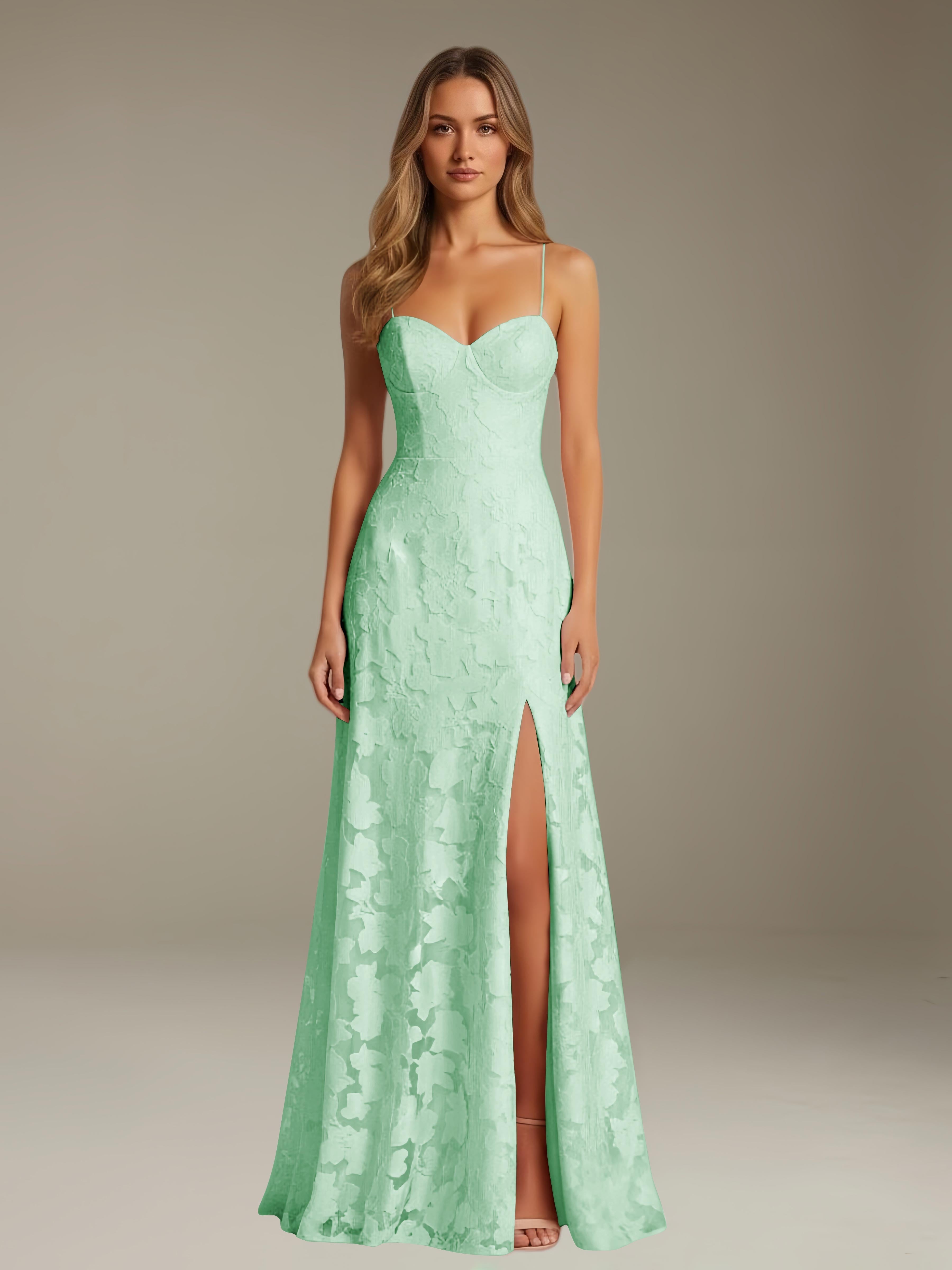 Formal Floral Lace Dress – Sweetheart Neckline, Thin Straps, A-Line, Floor Length with Slit