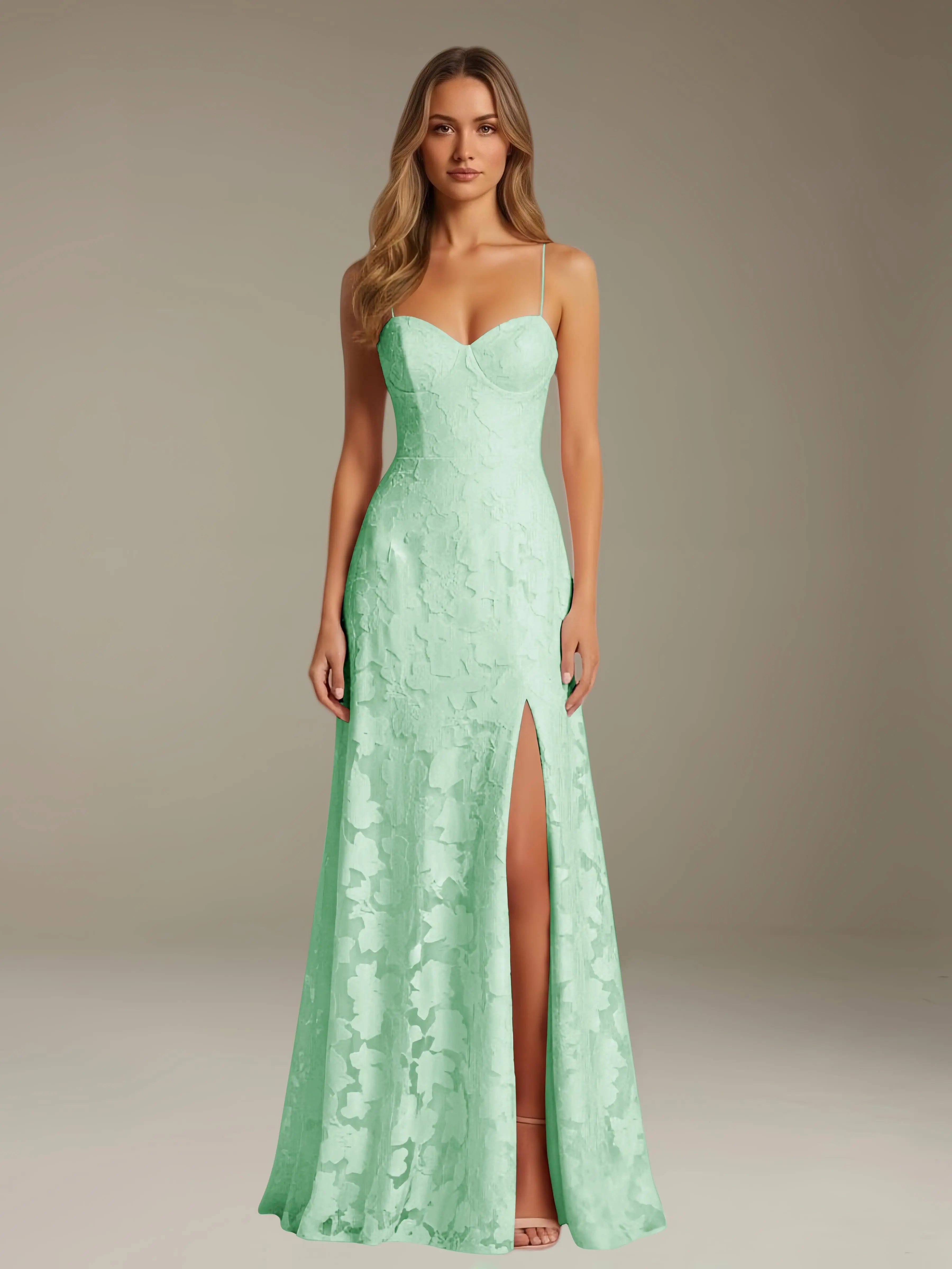 Vestido de encaje floral para ocasiones formales – Vestido de línea A con tirantes de espagueti y escote corazón, largo hasta el suelo, con abertura