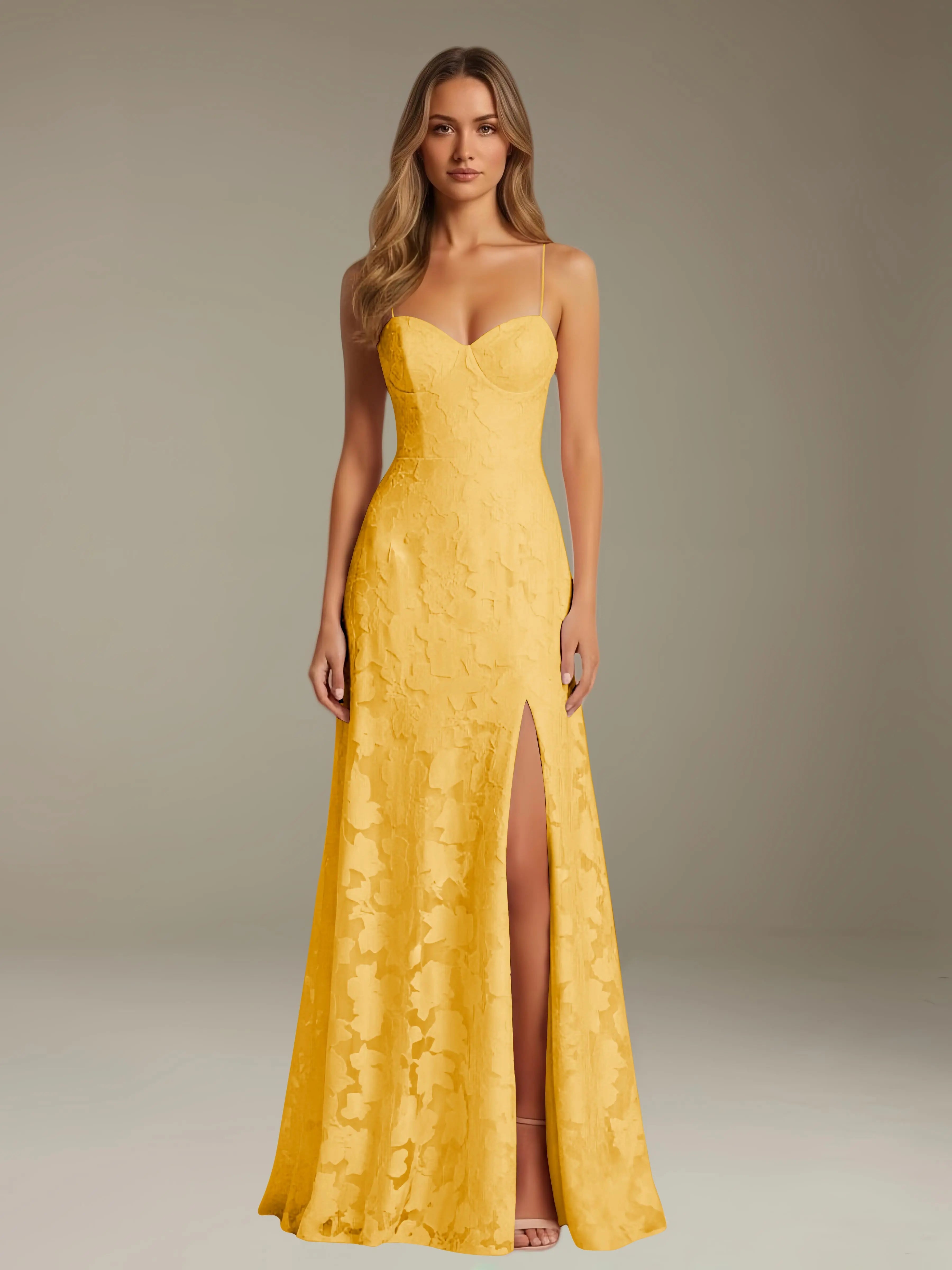 Vestido de encaje floral para ocasiones formales – Vestido de línea A con tirantes de espagueti y escote corazón, largo hasta el suelo, con abertura