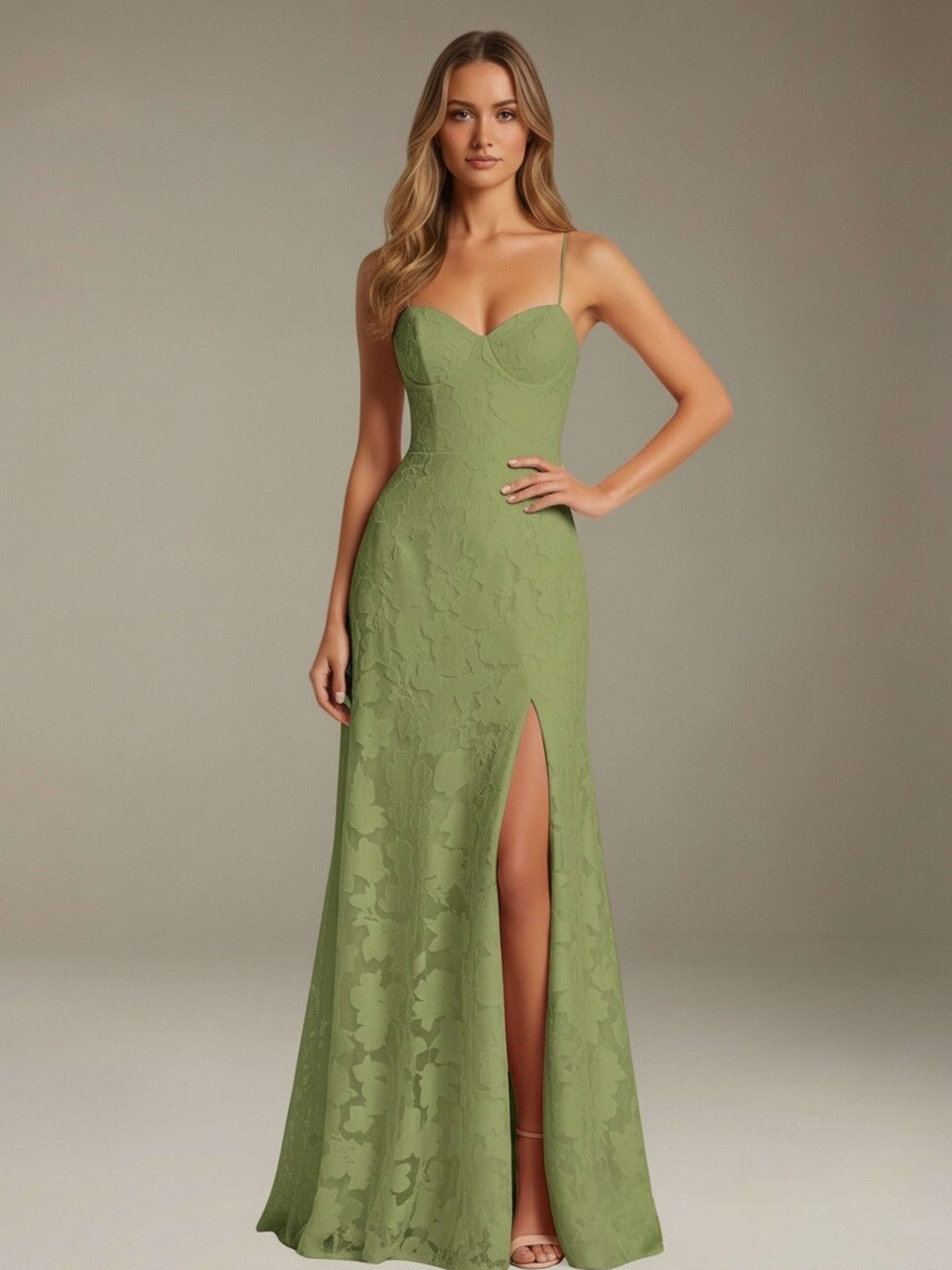 Formal Floral Lace Dress – Sweetheart Neckline, Thin Straps, A-Line, Floor Length with Slit