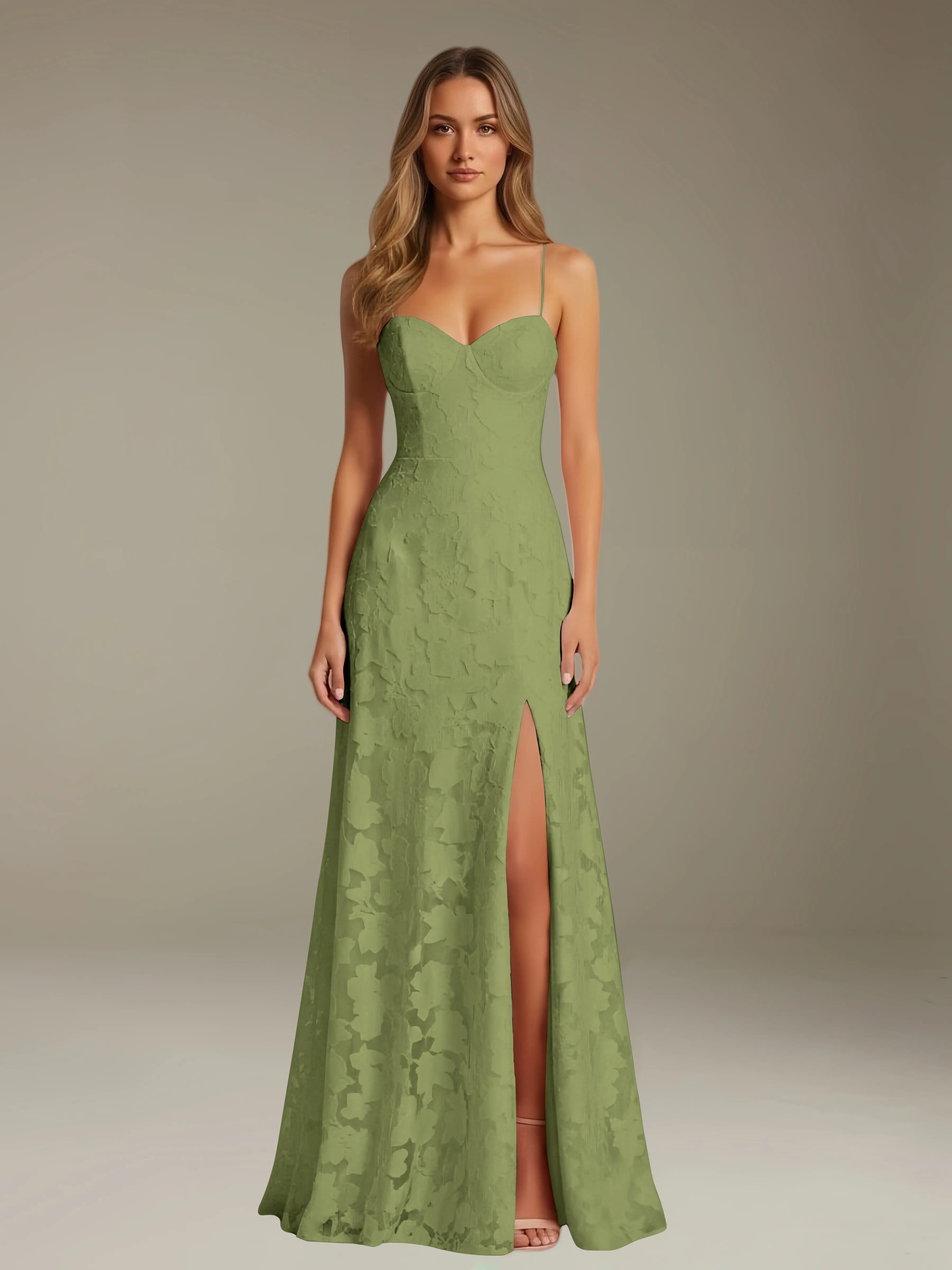 Vestido de encaje floral para ocasiones formales – Vestido de línea A con tirantes de espagueti y escote corazón, largo hasta el suelo, con abertura