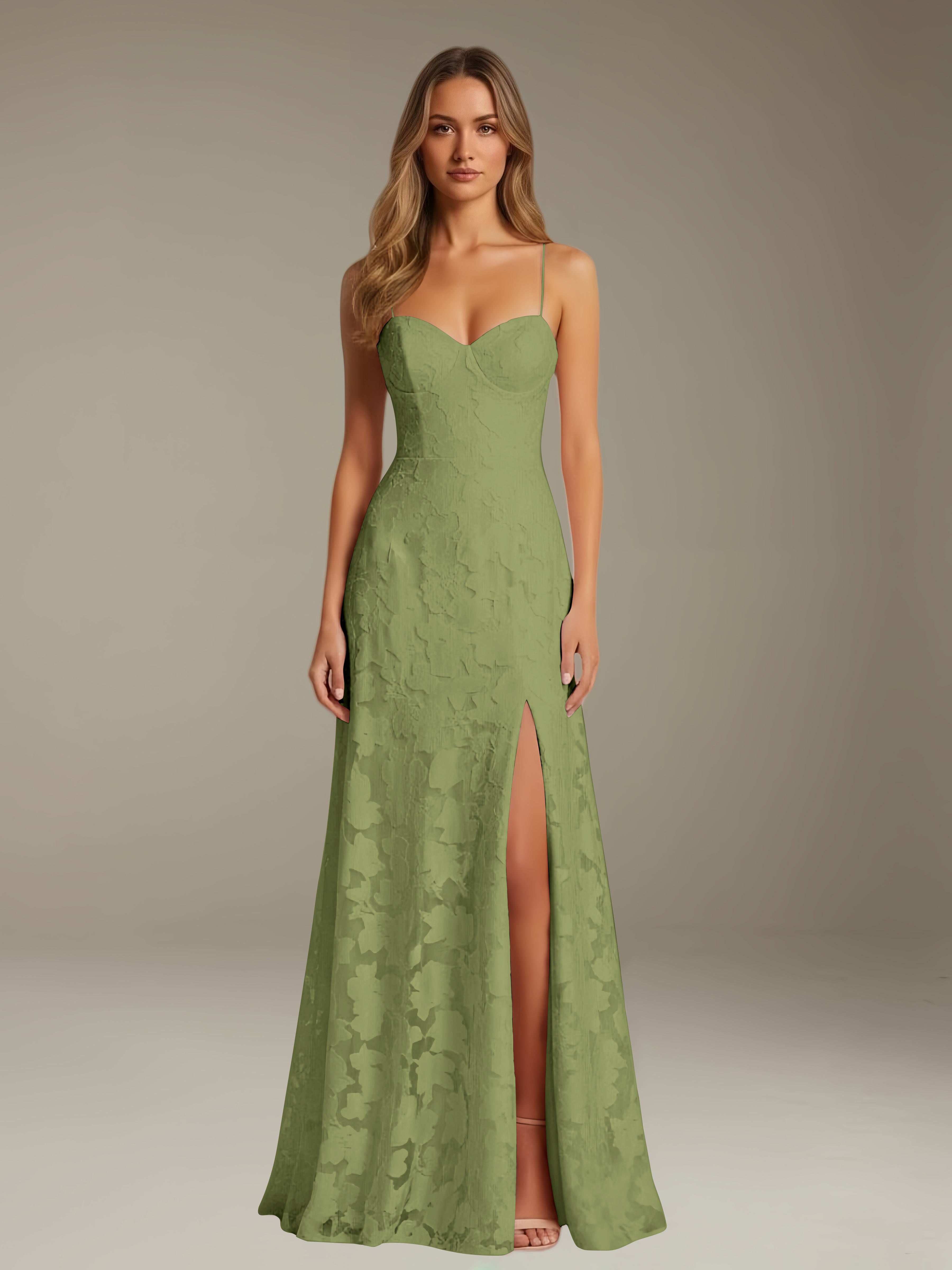 Formal Floral Lace Dress – Sweetheart Neckline, Thin Straps, A-Line, Floor Length with Slit