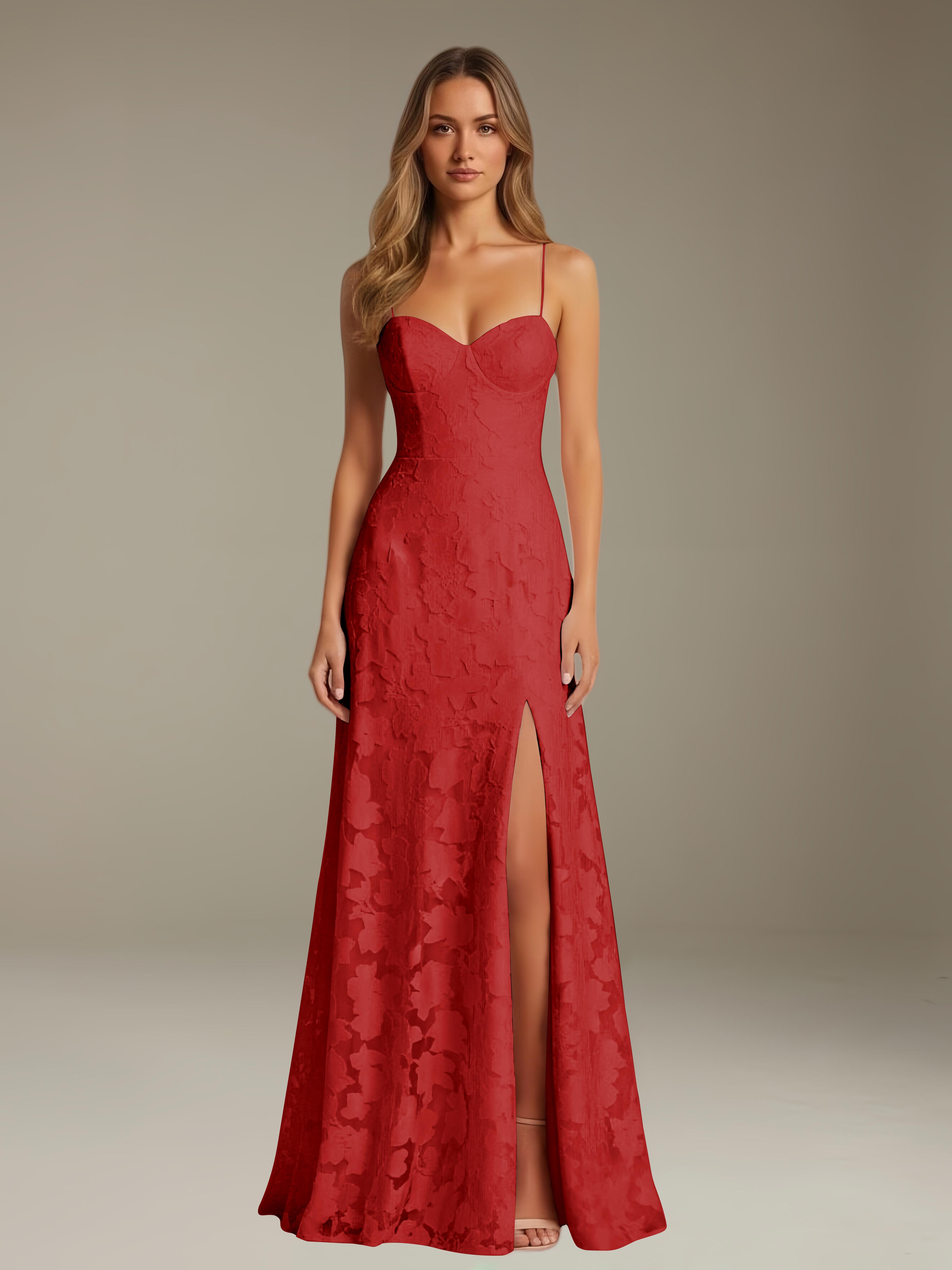 Formal Floral Lace Dress – Sweetheart Neckline, Thin Straps, A-Line, Floor Length with Slit