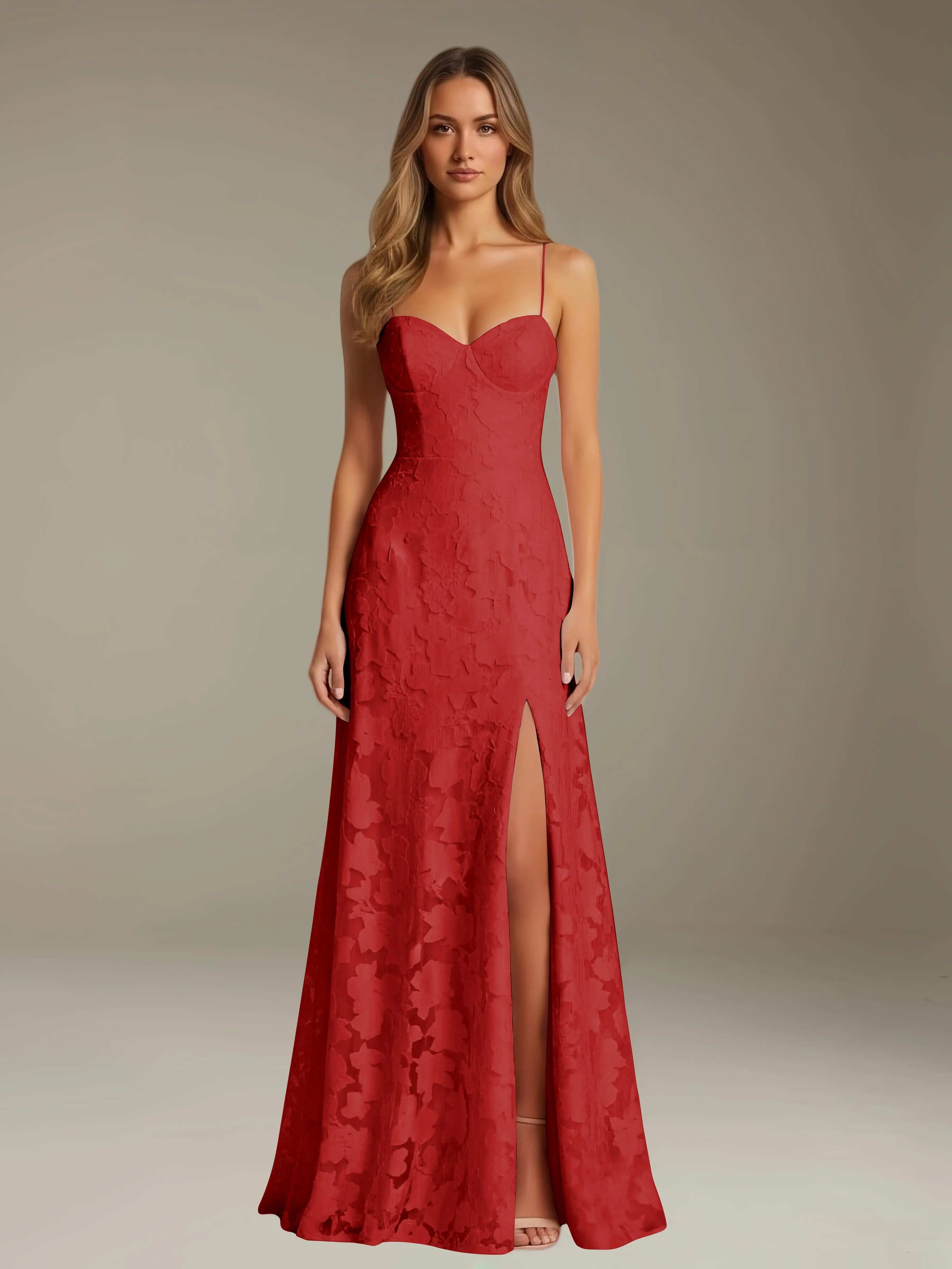 Vestido de encaje floral para ocasiones formales – Vestido de línea A con tirantes de espagueti y escote corazón, largo hasta el suelo, con abertura