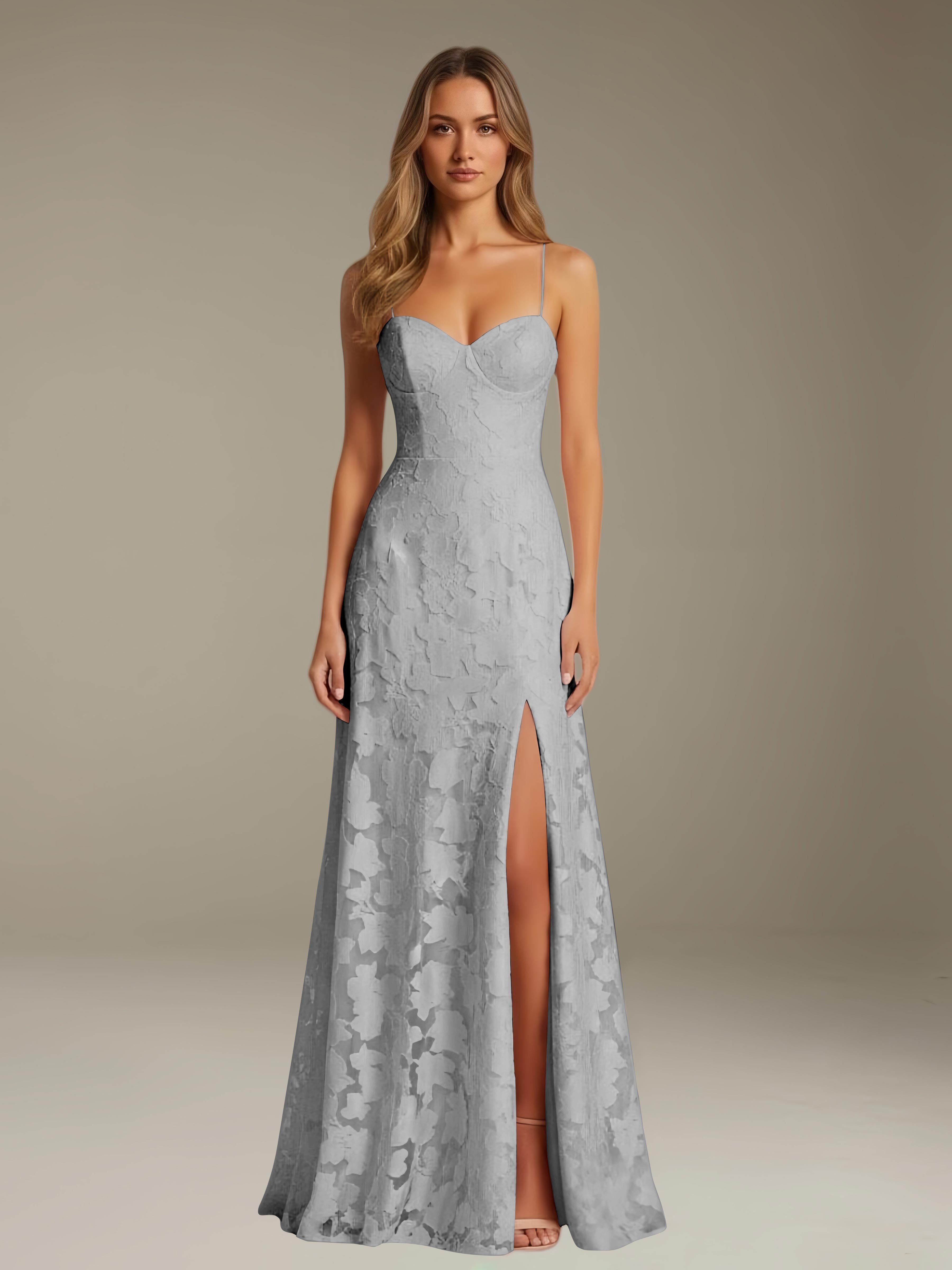 Formal Floral Lace Dress – Sweetheart Neckline, Thin Straps, A-Line, Floor Length with Slit