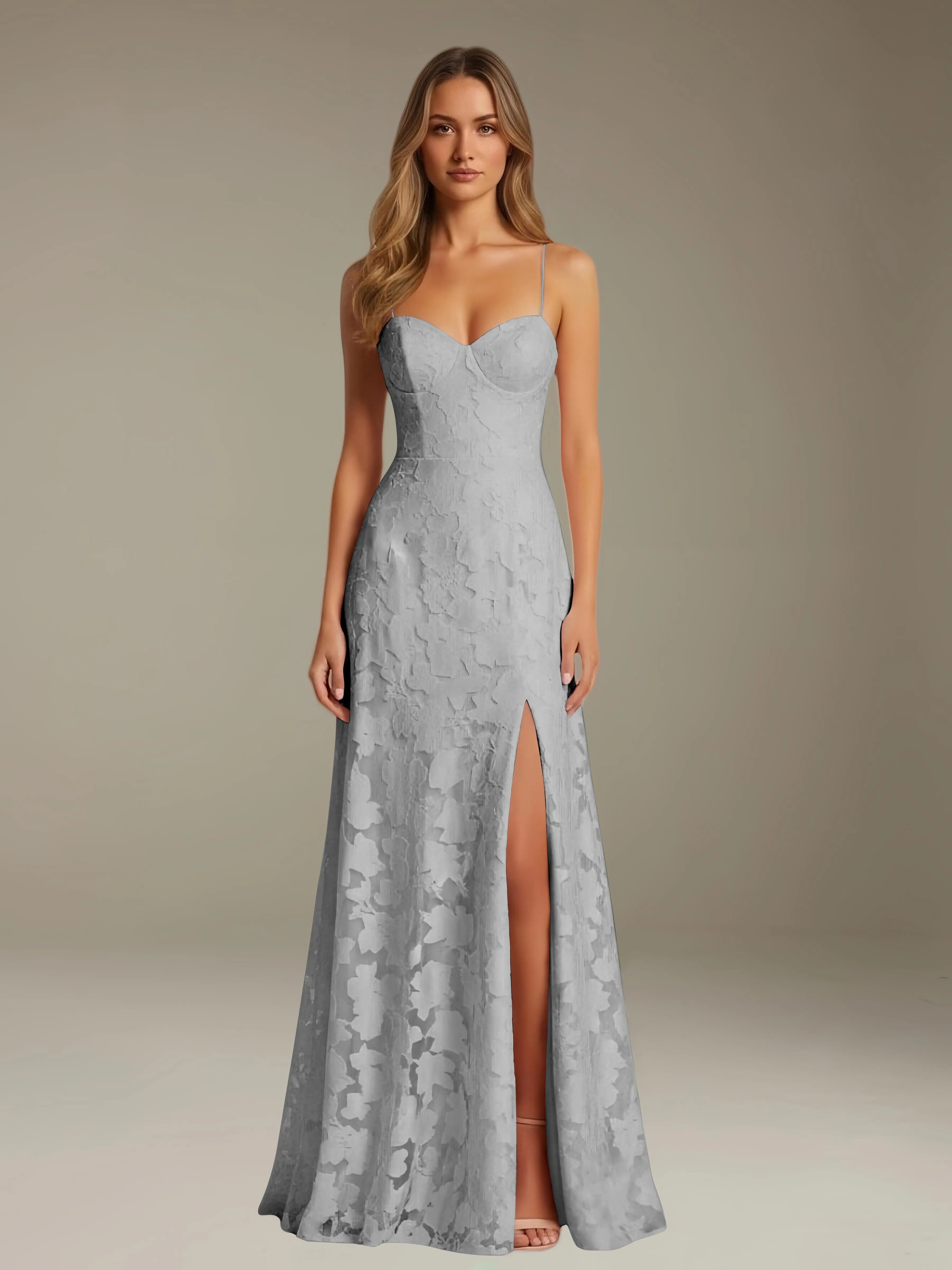 Vestido de encaje floral para ocasiones formales – Vestido de línea A con tirantes de espagueti y escote corazón, largo hasta el suelo, con abertura
