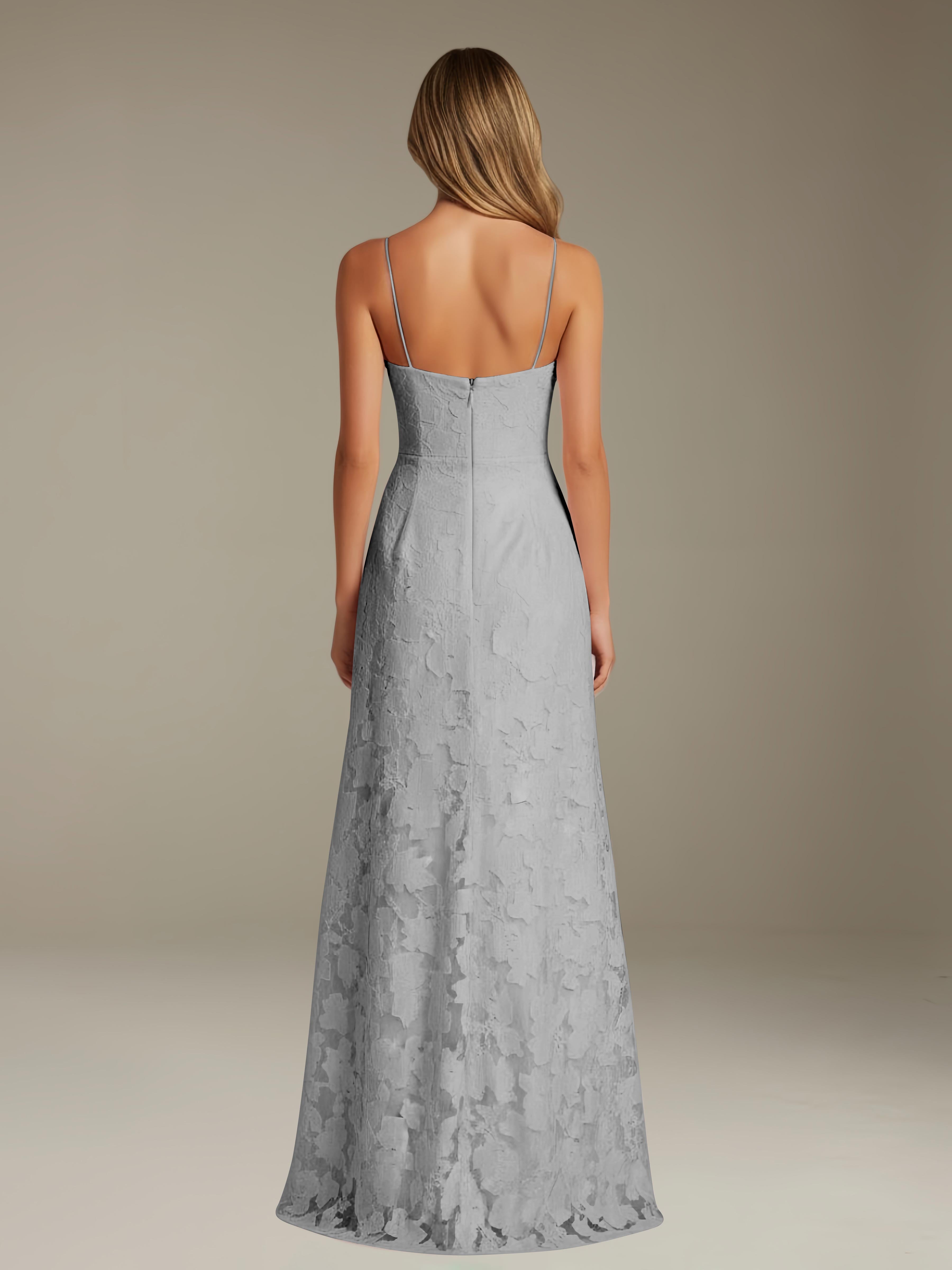 Formal Floral Lace Dress – Sweetheart Neckline, Thin Straps, A-Line, Floor Length with Slit