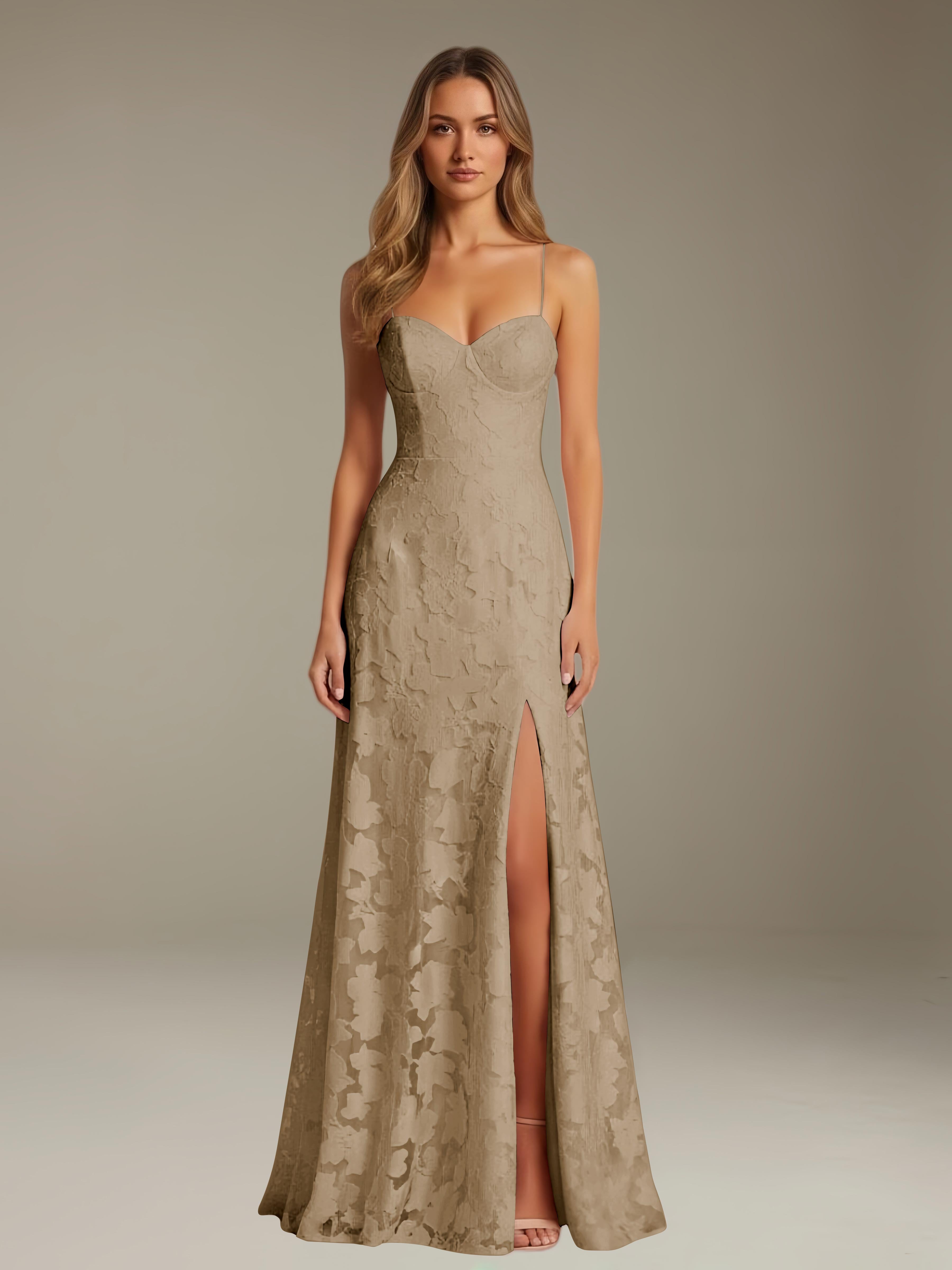 Formal Floral Lace Dress – Sweetheart Neckline, Thin Straps, A-Line, Floor Length with Slit