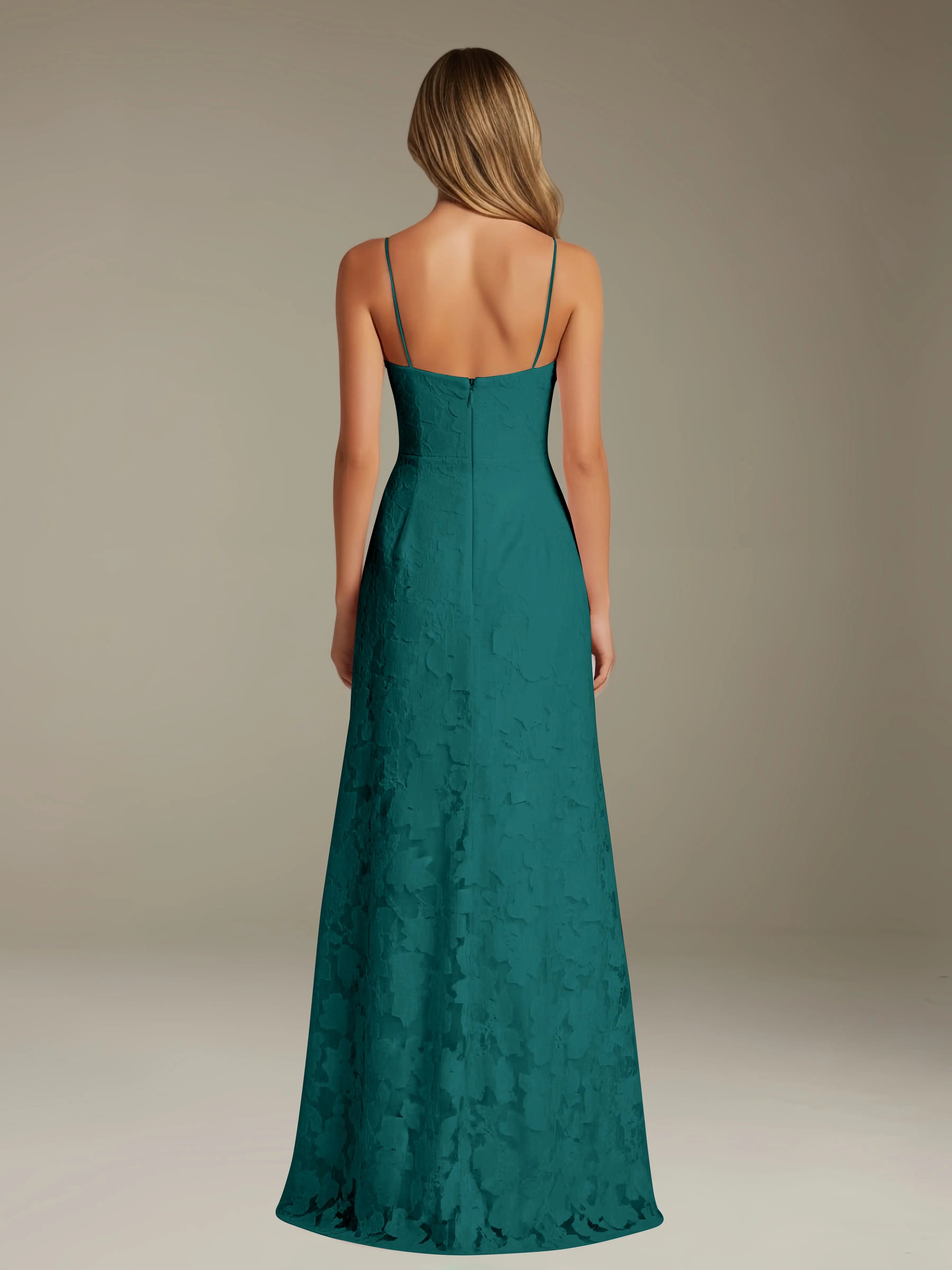 Vestido de encaje floral para ocasiones formales – Vestido de línea A con tirantes de espagueti y escote corazón, largo hasta el suelo, con abertura
