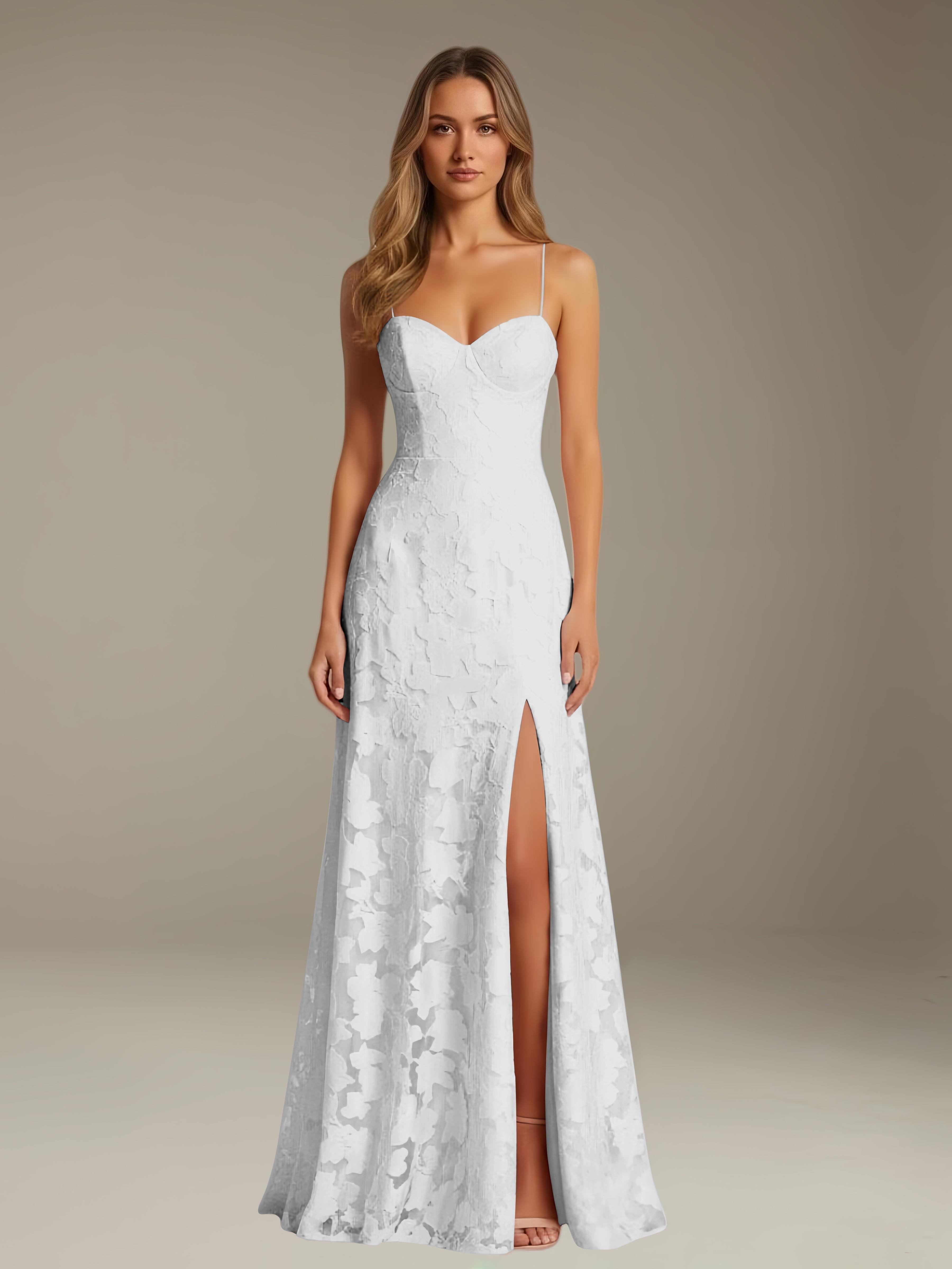 Formal Floral Lace Dress – Sweetheart Neckline, Thin Straps, A-Line, Floor Length with Slit