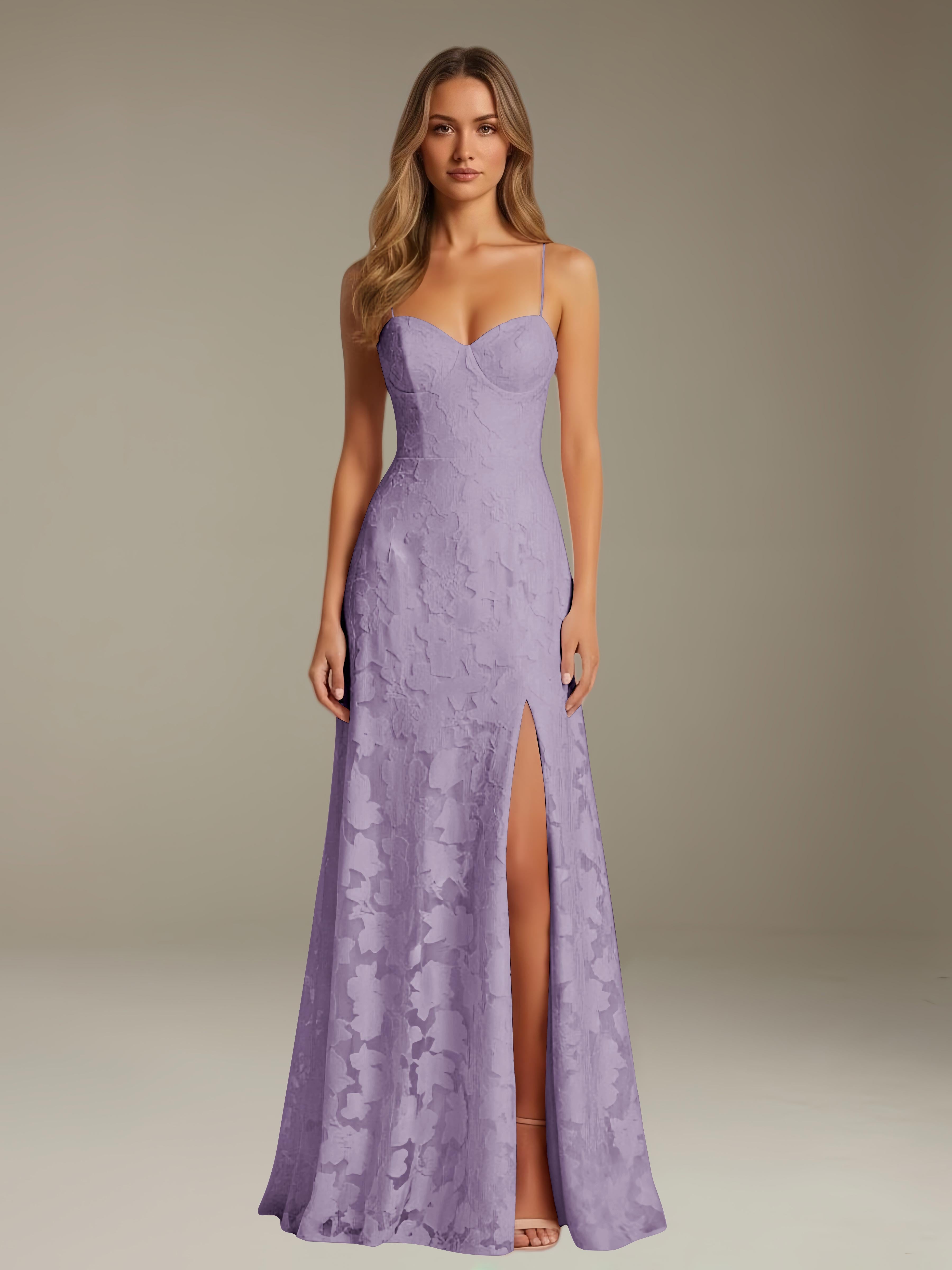 Formal Floral Lace Dress – Sweetheart Neckline, Thin Straps, A-Line, Floor Length with Slit