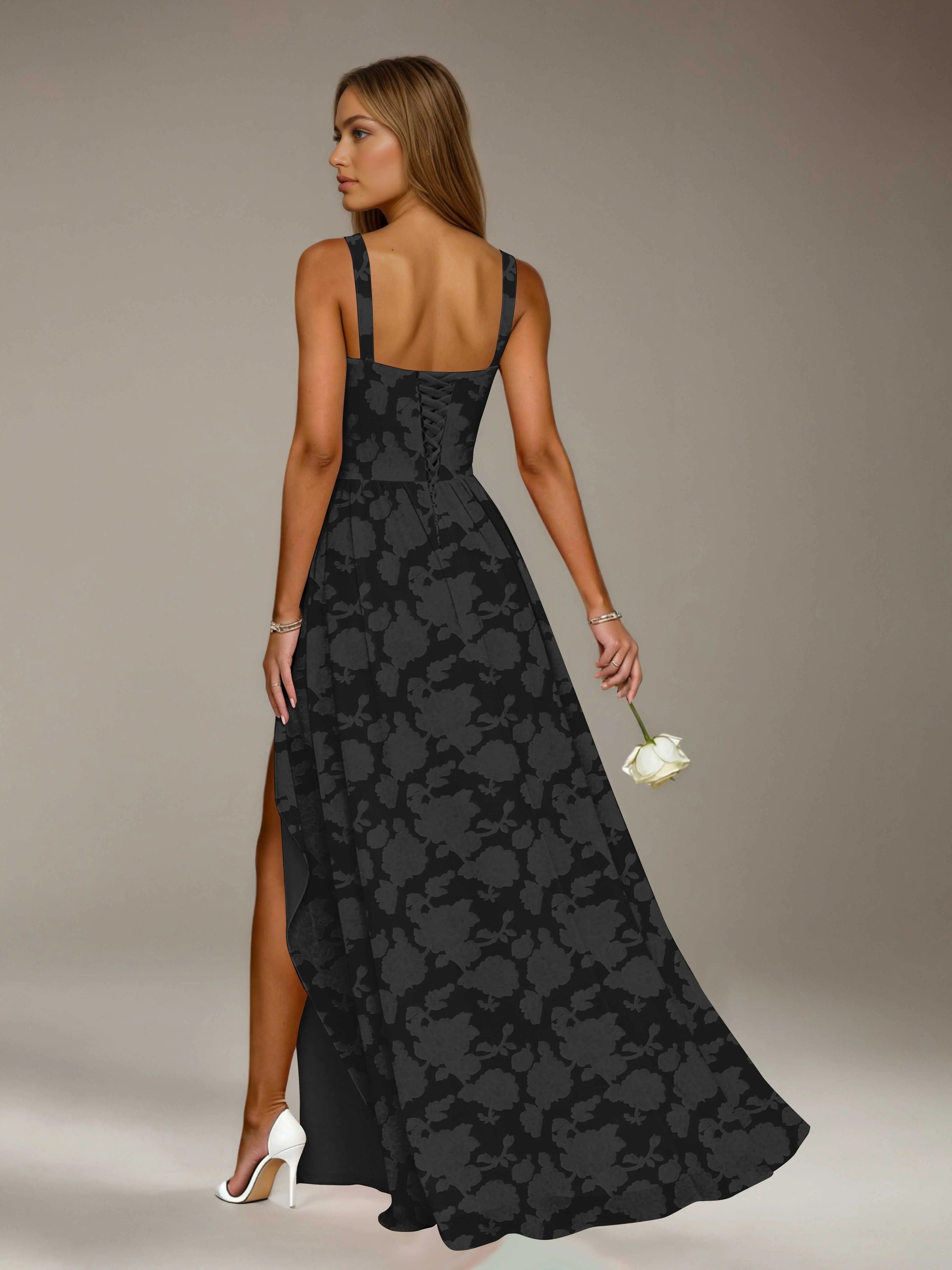 Vestido de dama de honor de encaje floral – Vestido de fiesta sin mangas de línea A con escote cuadrado y largo hasta el suelo con abertura