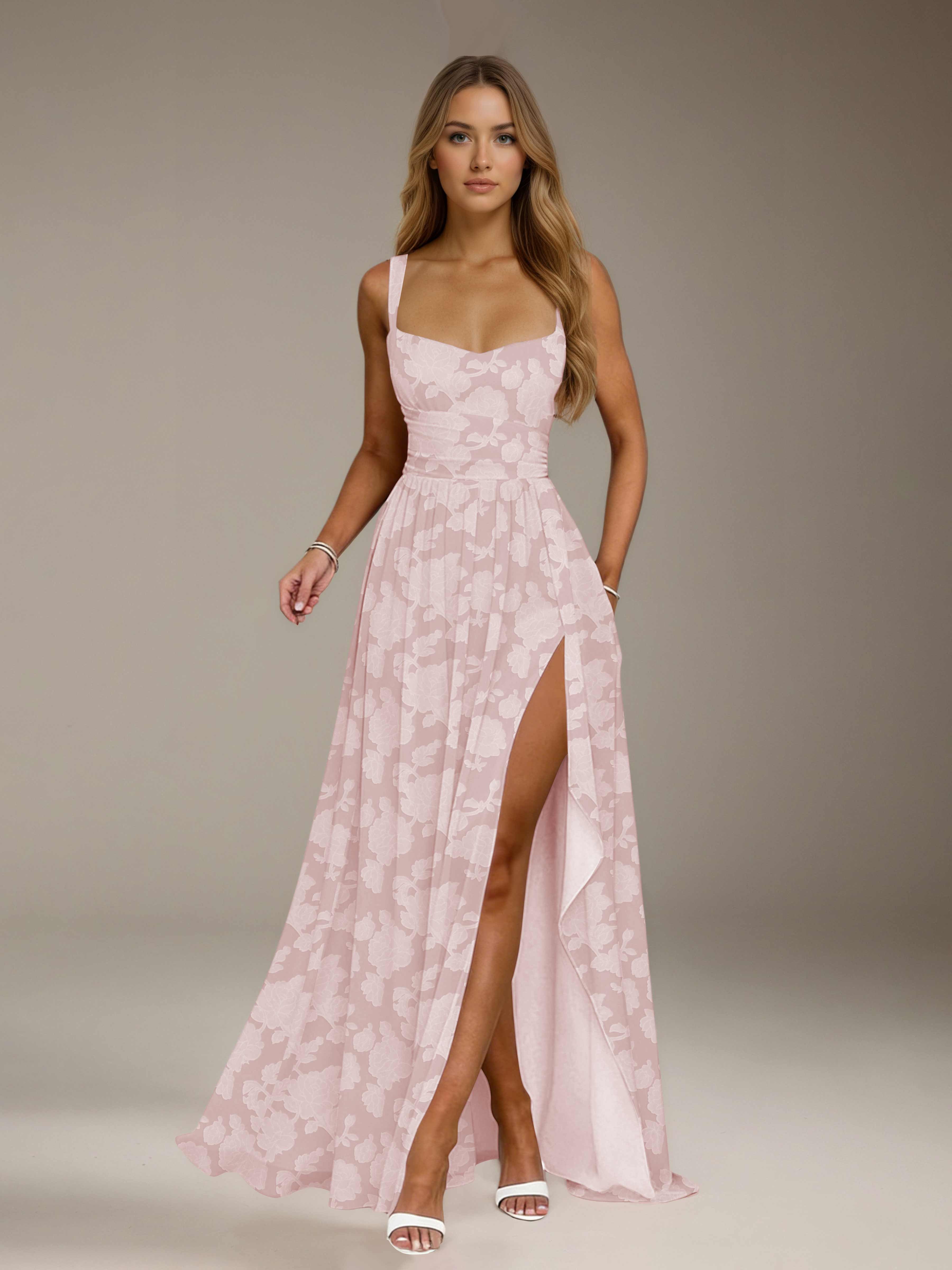 Floral Lace Bridesmaid Dress – A-Line, Square Neck, Sleeveless, Floor-Length, Formal Dress with Slit