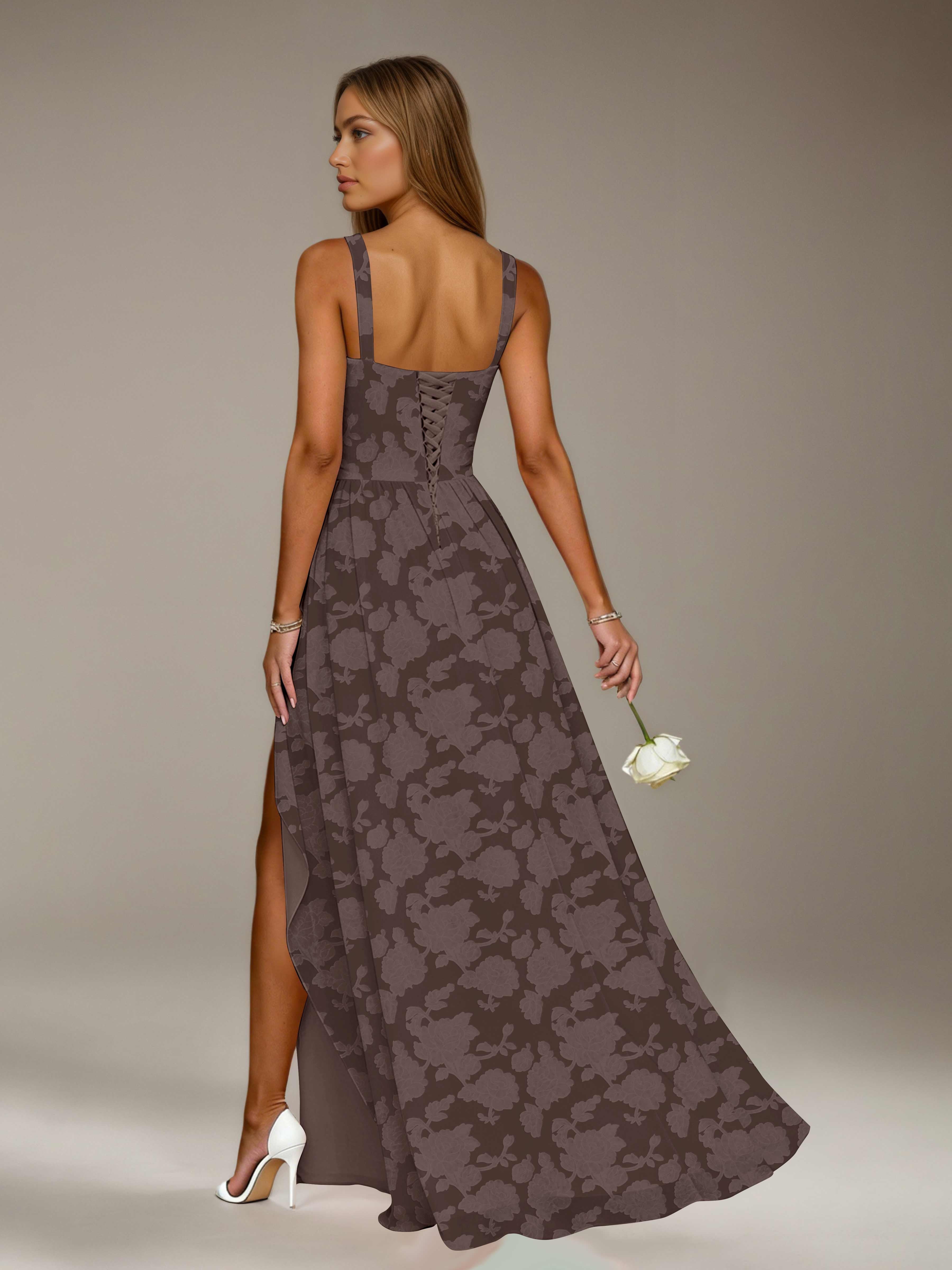 Floral Lace Bridesmaid Dress – A-Line, Square Neck, Sleeveless, Floor-Length, Formal Dress with Slit