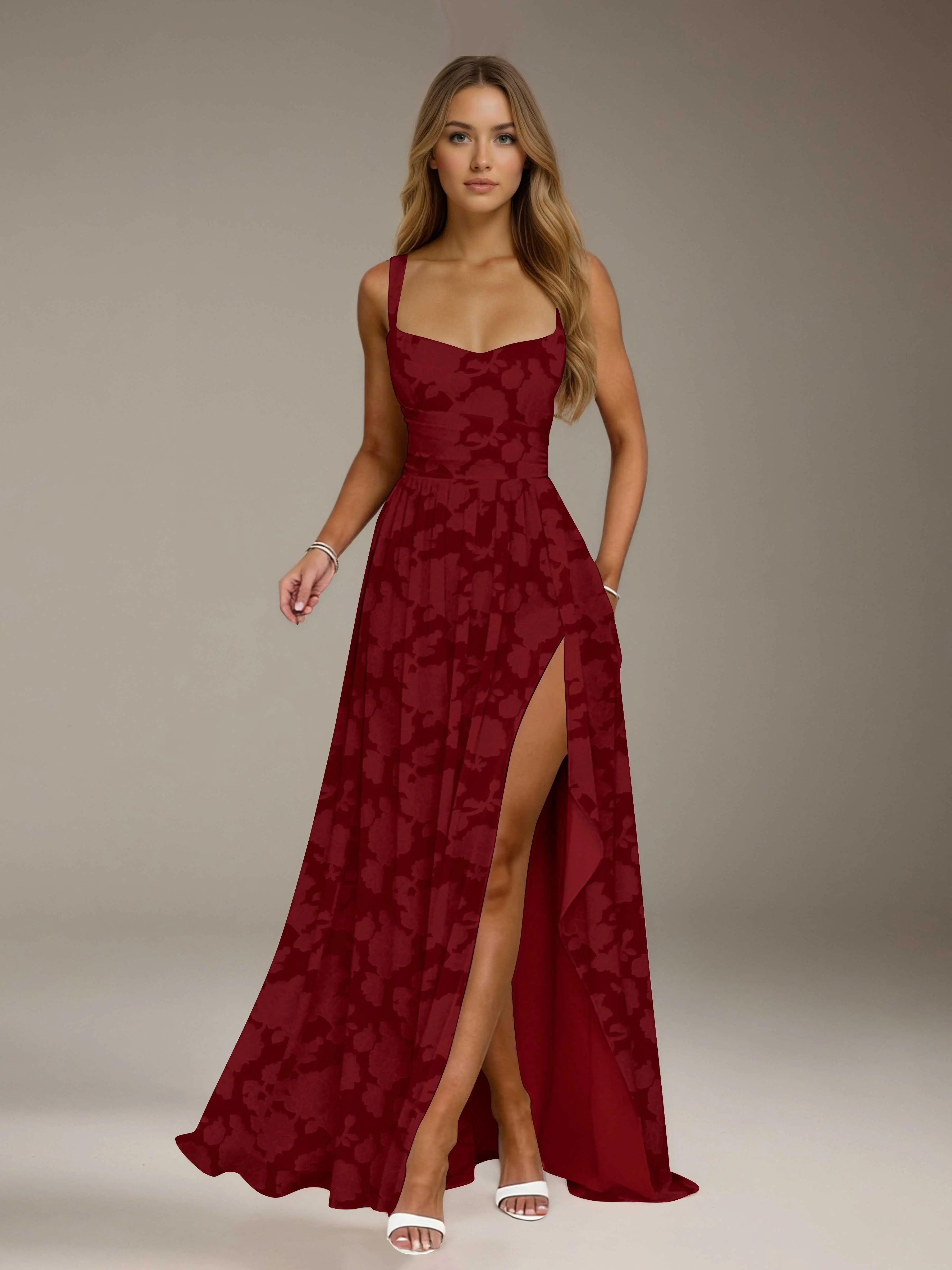 Vestido de dama de honor de encaje floral – Vestido de fiesta sin mangas de línea A con escote cuadrado y largo hasta el suelo con abertura