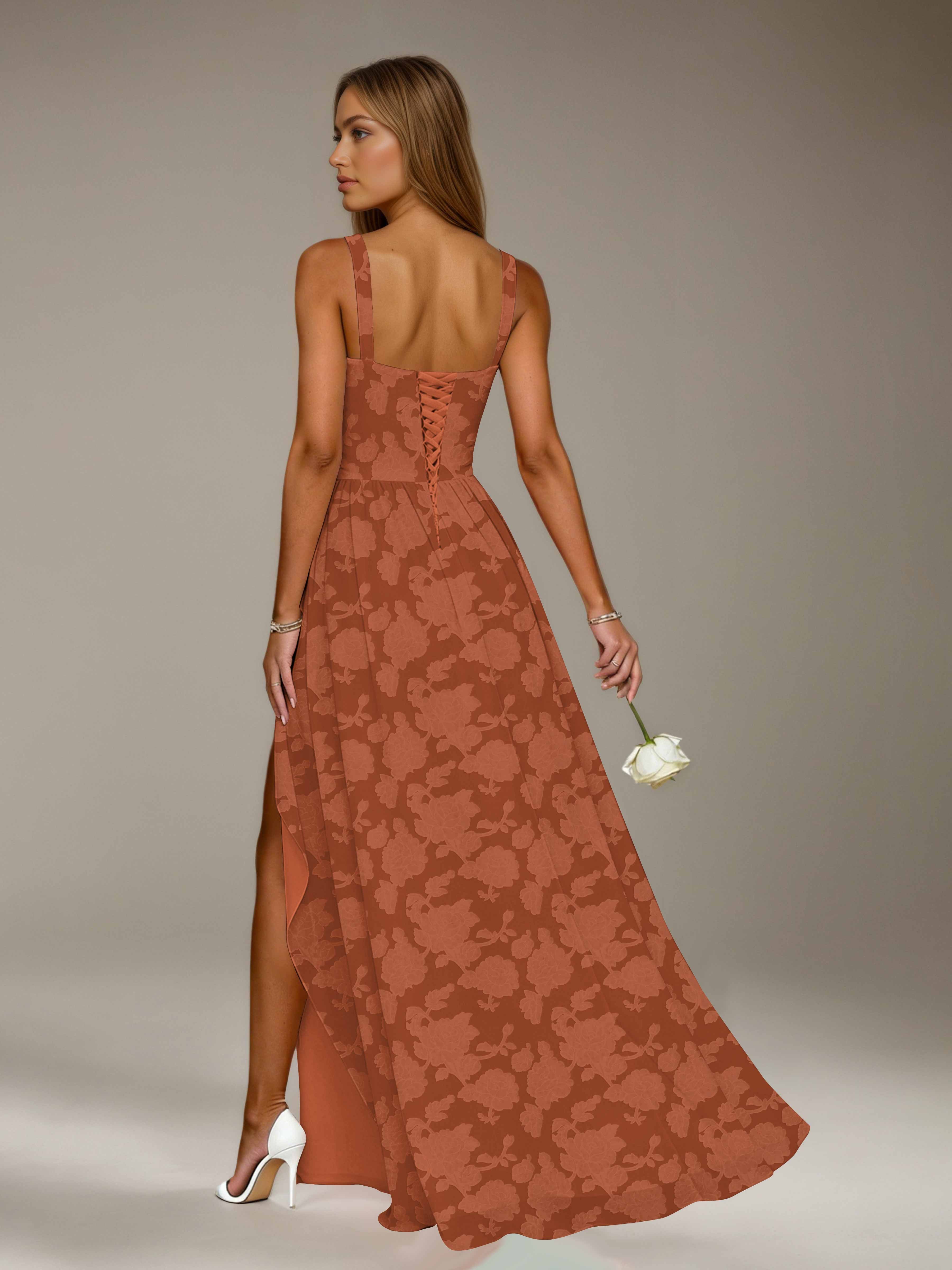 Floral Lace Bridesmaid Dress – A-Line, Square Neck, Sleeveless, Floor-Length, Formal Dress with Slit