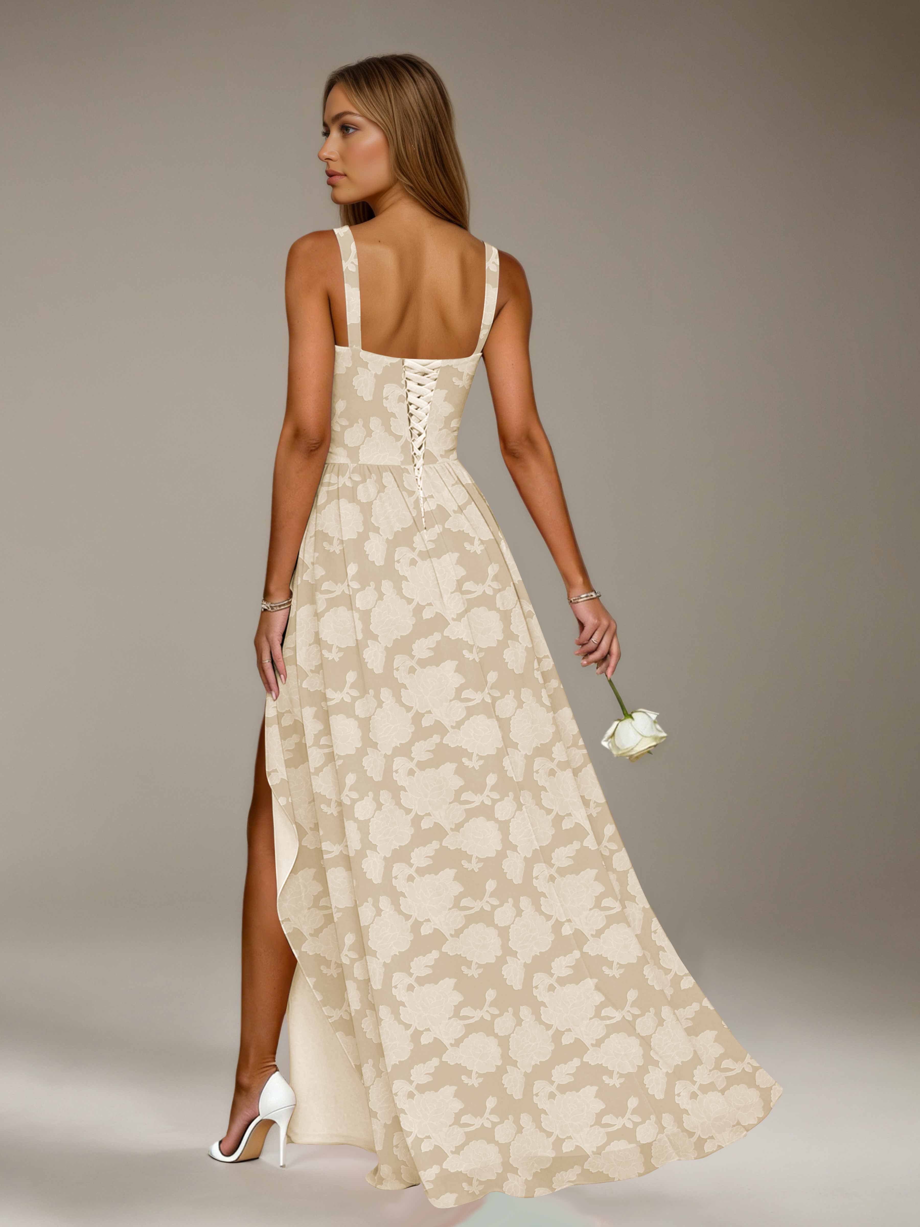 Floral Lace Bridesmaid Dress – A-Line, Square Neck, Sleeveless, Floor-Length, Formal Dress with Slit